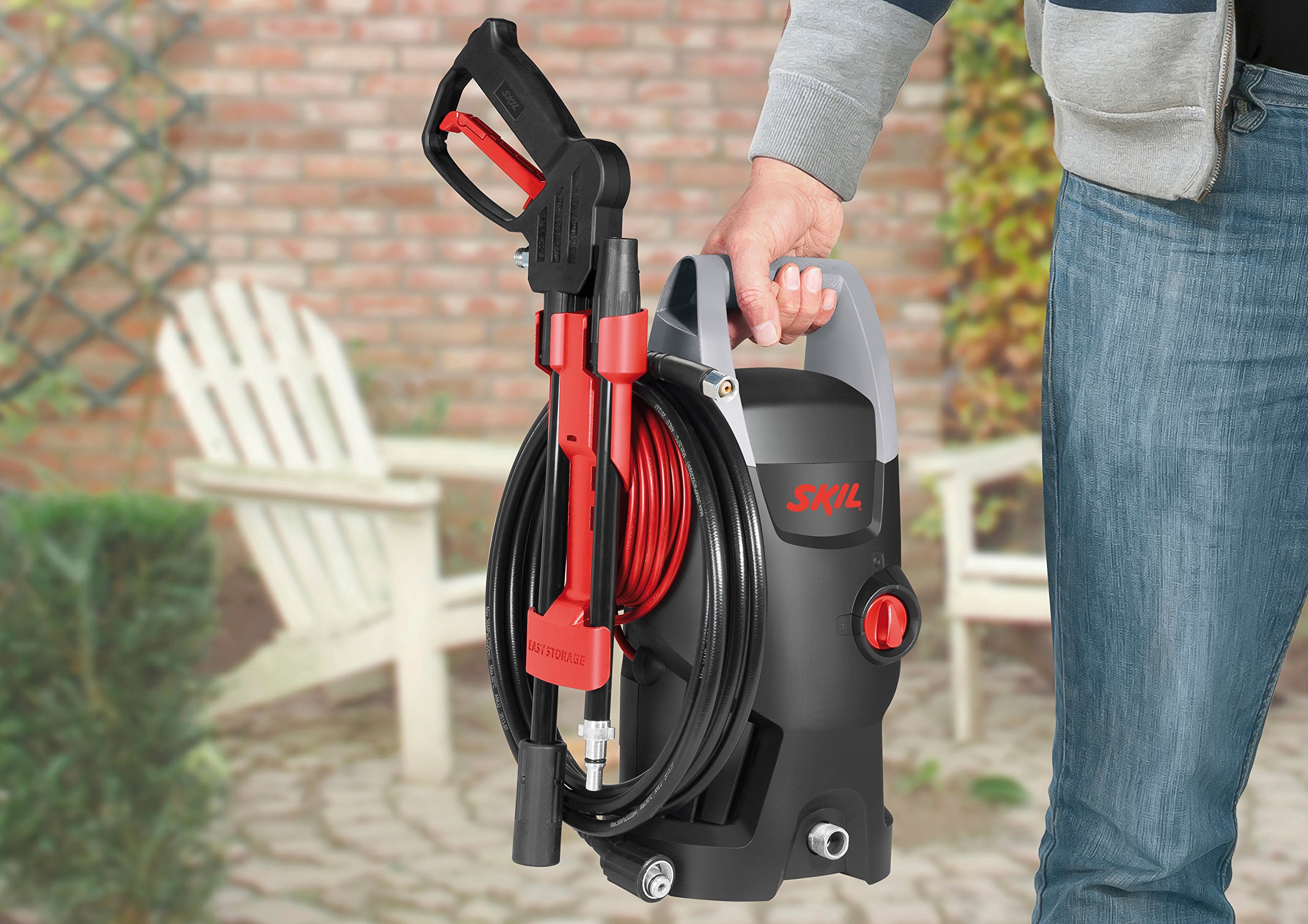 Skil 0761AA - Hidrolimpiadora de Alta presión (1400 W, 105 Bar, 370 l/h, Rango de operación de 11 m, Pistola de gatillo, Botella de detergente, Lanza)