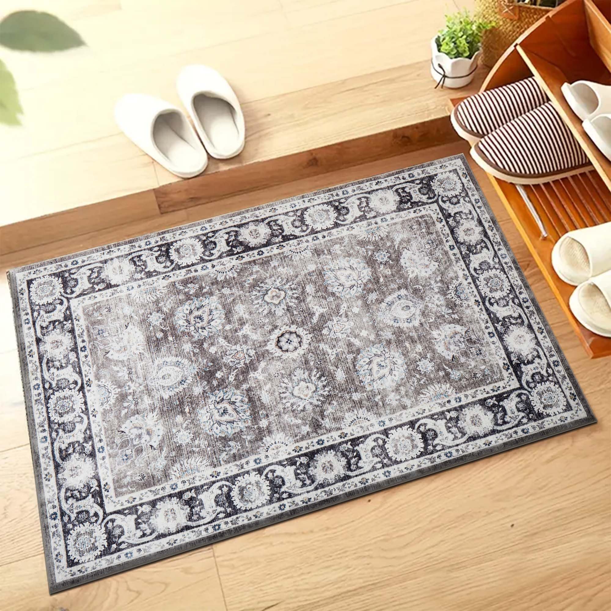 Hafaa Machine Washable Bedside Small Rug 40x60 cm - Soft Short Pile Brown Area Rugs For Bedroom Entrway Non Slip Floor Carpet Traditional Vintage Design Cashmere Door Mat For Kitchen Bathroom, Harmony โ image 1