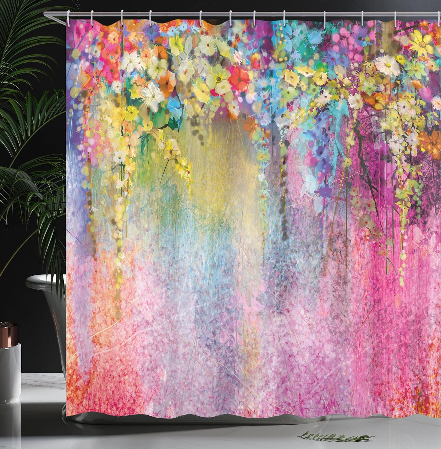 Ambesonne Flower Shower Curtain, Abstract Herbs Alternative Medicine Blossoms Ivy Back Florets Shrubs Design, Cloth Fabric Bathroom Decor Set with Hooks, 69" W x 84" L, Pastel Pink