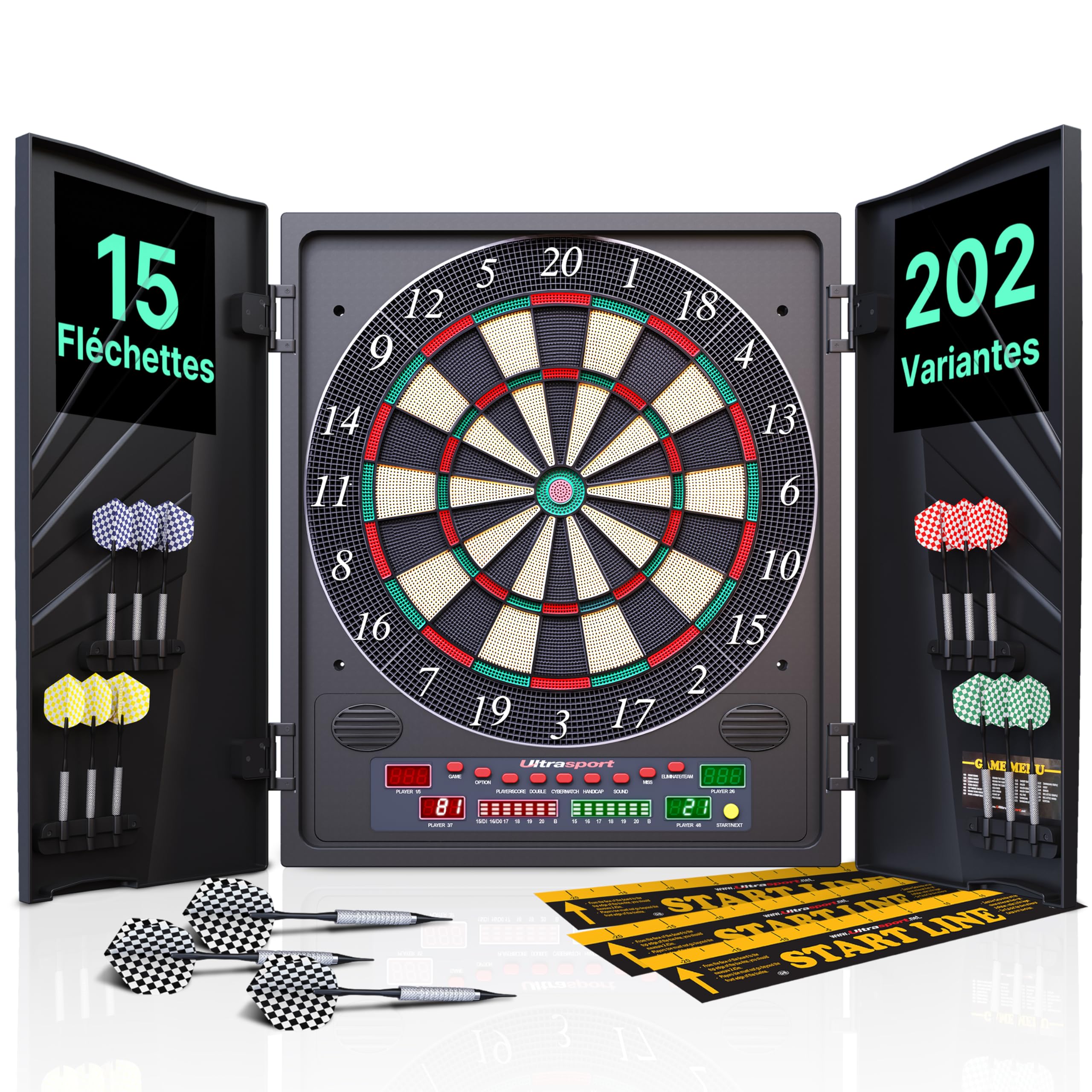 Ultrasport Cible de Fléchettes Électronique avec et sans Portes I Jeu de Fléchettes Électronique pour 1 à 8 Joueurs avec 15 Fléchettes, 15 Plumes, 100 Pointes de Fléchettes, 3 Lignes de Chute