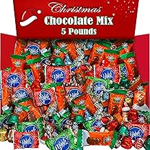 Bulk Christmas Chocolate Mix, 5 Lb Individually Wrapped Holiday Candy, Miniature Christmas Chocollate Kisses 6 Flavor Variety, Santa, Snowman, Sugar Cookies and More, Red and Green Stocking Stuffer Candy Gift