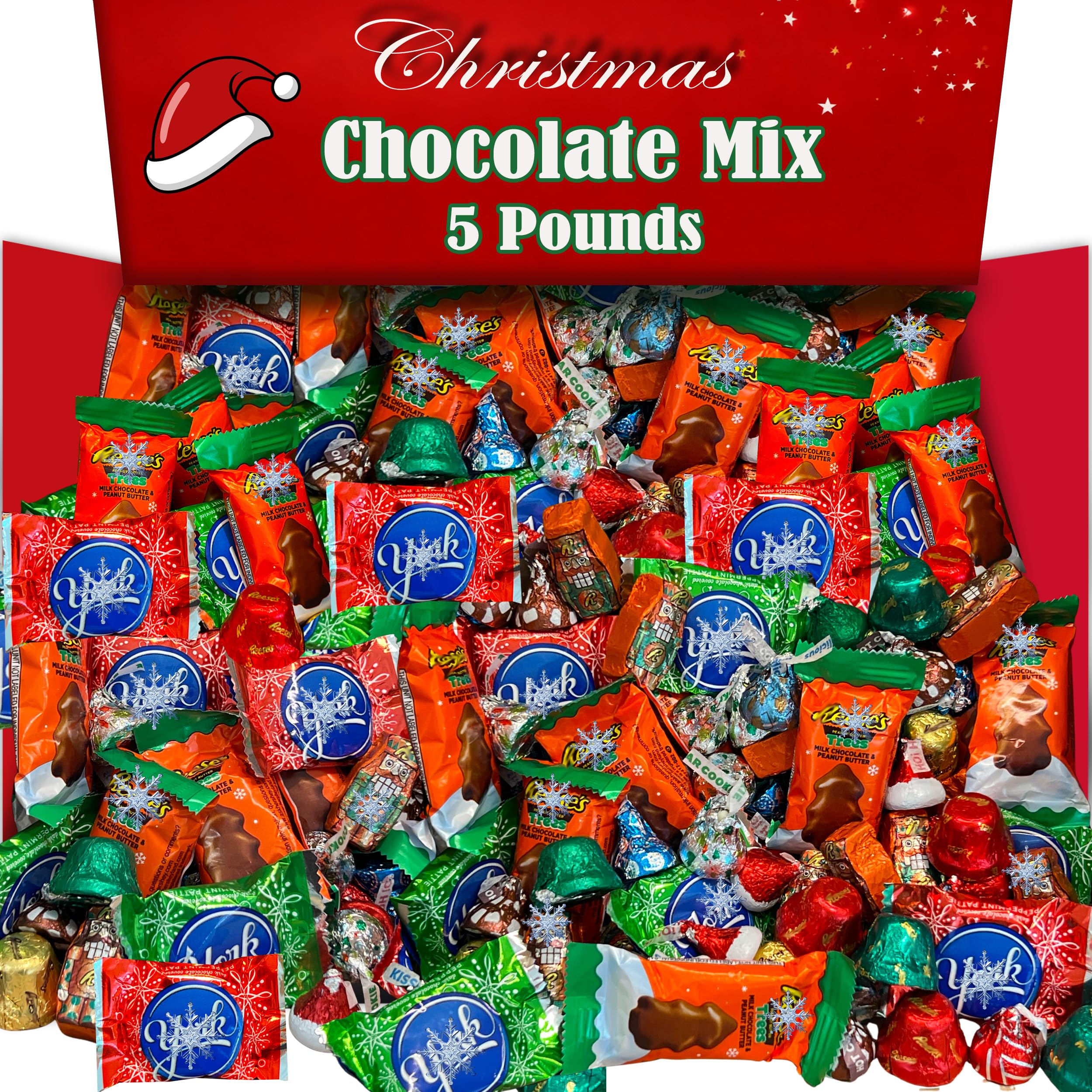 Bulk Christmas Chocolate Mix, 5 Lb Individually Wrapped Holiday Candy, Miniature Christmas Chocollate Kisses 6 Flavor Variety, Santa, Snowman, Sugar Cookies and More, Red and Green Stocking Stuffer Candy Gift