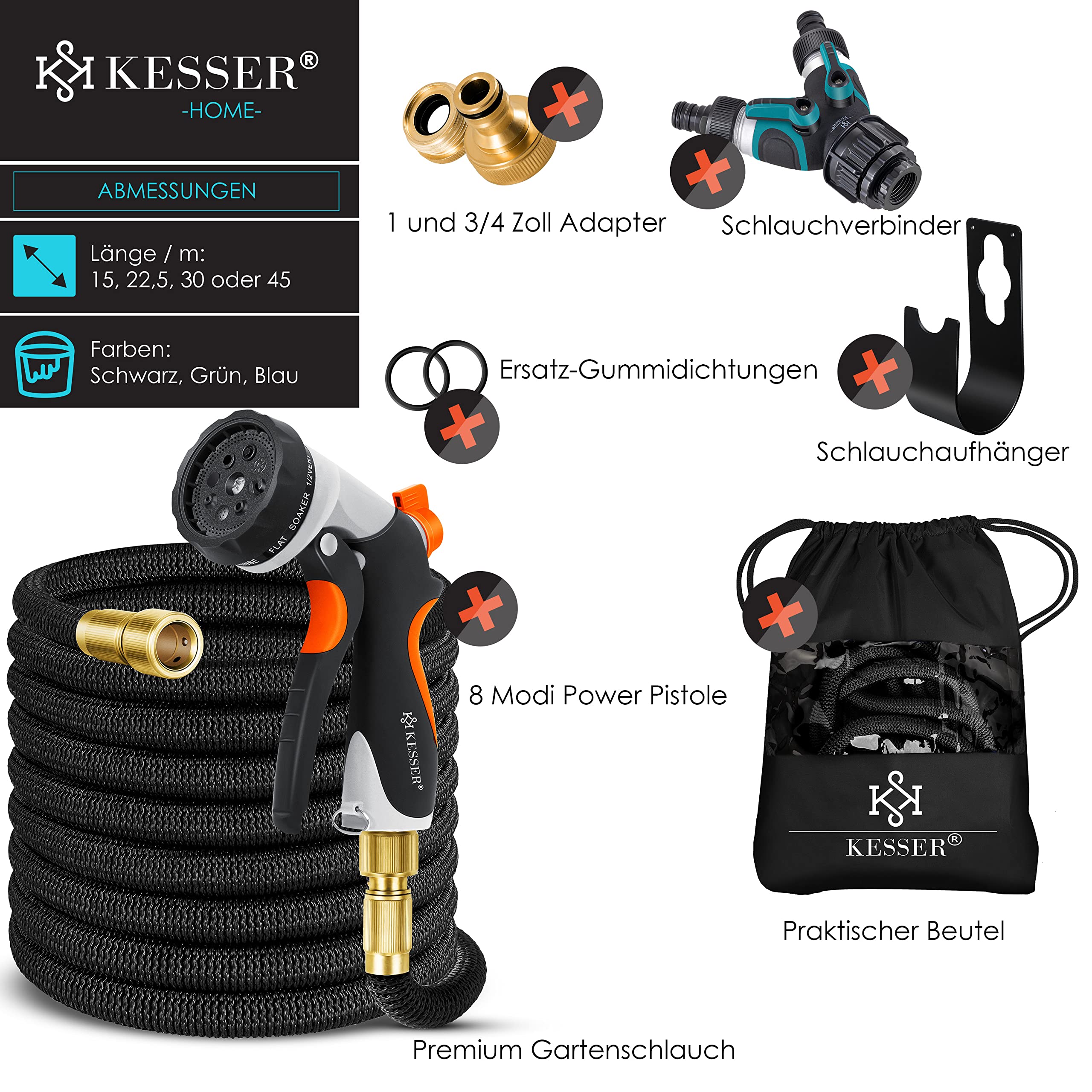 KESSER® flexibler Gartenschlauch 15 m, dehnbarer Flexischlauch, Wasserschlauch mit 3-fach Latexkern, 8 Modi Sprühpistole, Messing Anschlüsse + Wandhalterung, 1/2" & 3/4" Adapter & Tasche, Schwarz