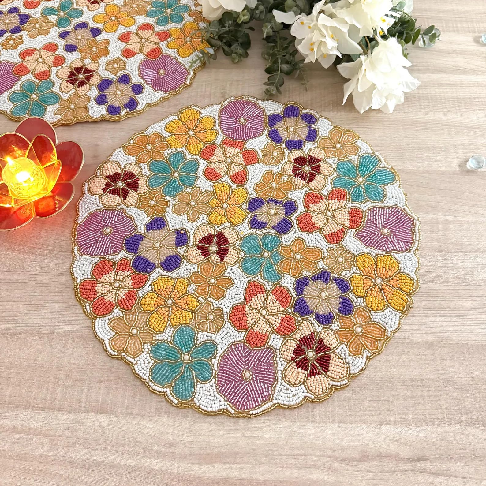 Set of 2/6, Handmade Spring Beaded placemat, Floral Multicolour