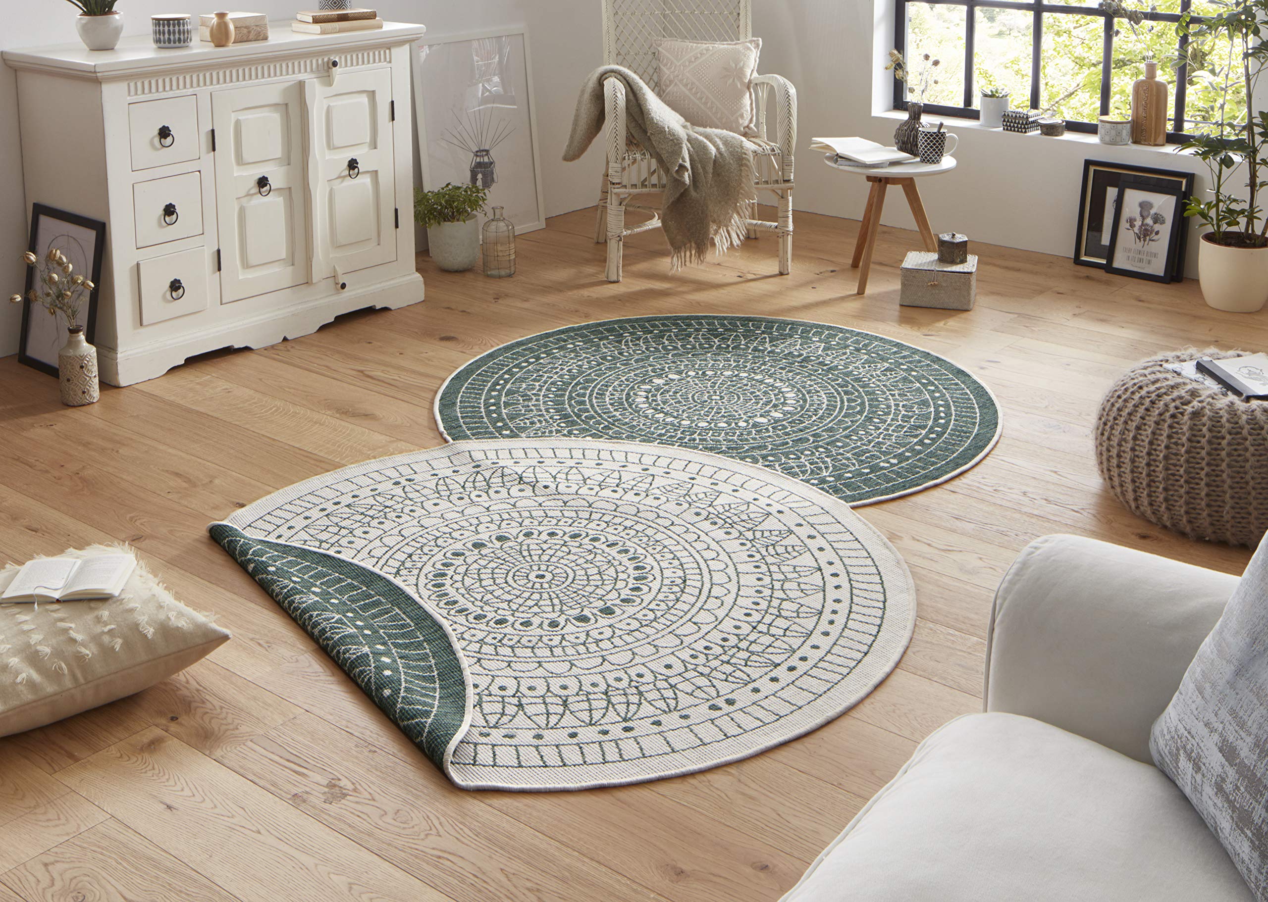Northrugs Rond binnen & buiten vloerkleed Porto - blauw/crème 140 cm rond