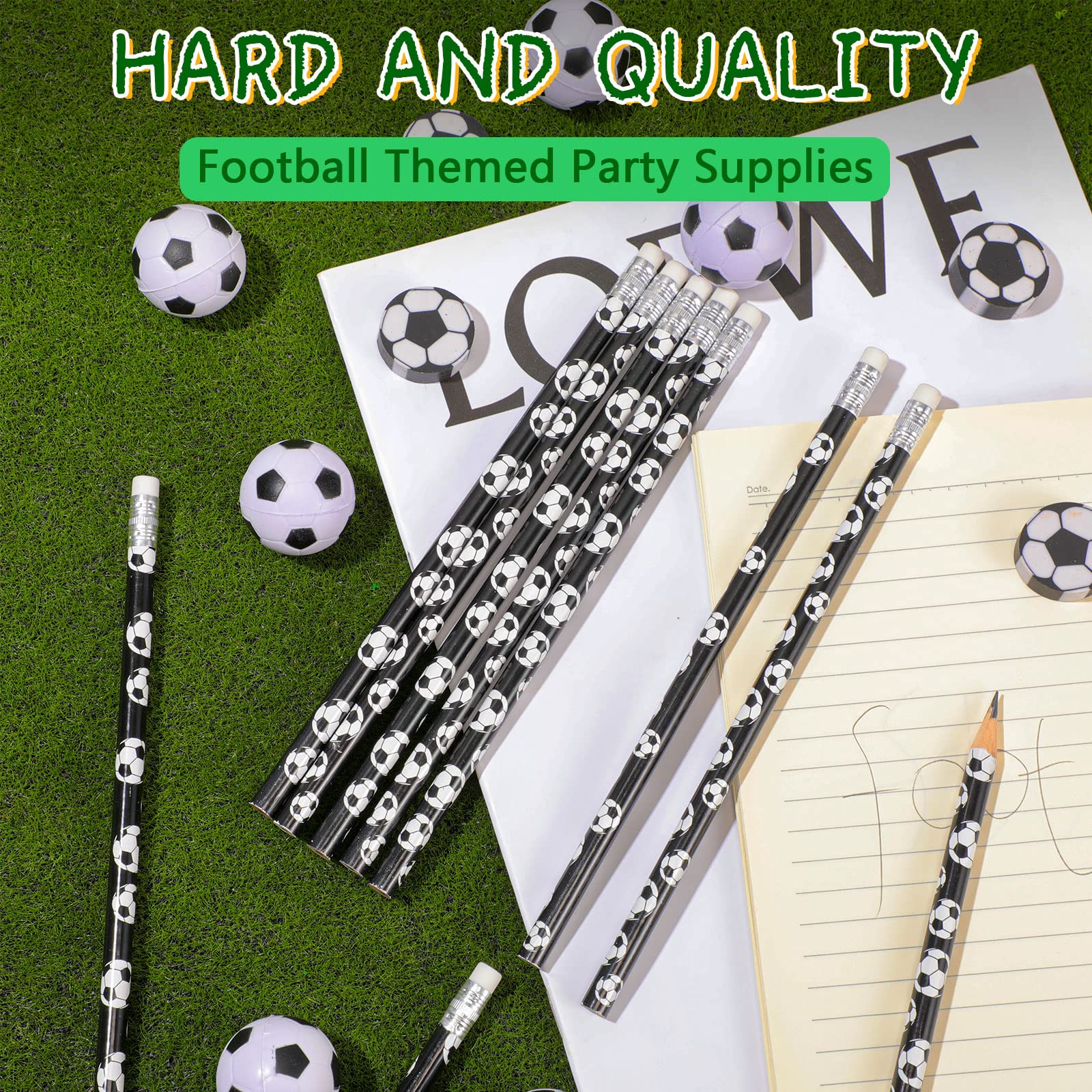 Pack Papeterie Thème Football Enfant – 12 Crayons + 12 Gommes + 12 Bracelets Tressés Réglables – Cadeau Anniversaire Fête Foot Parfait