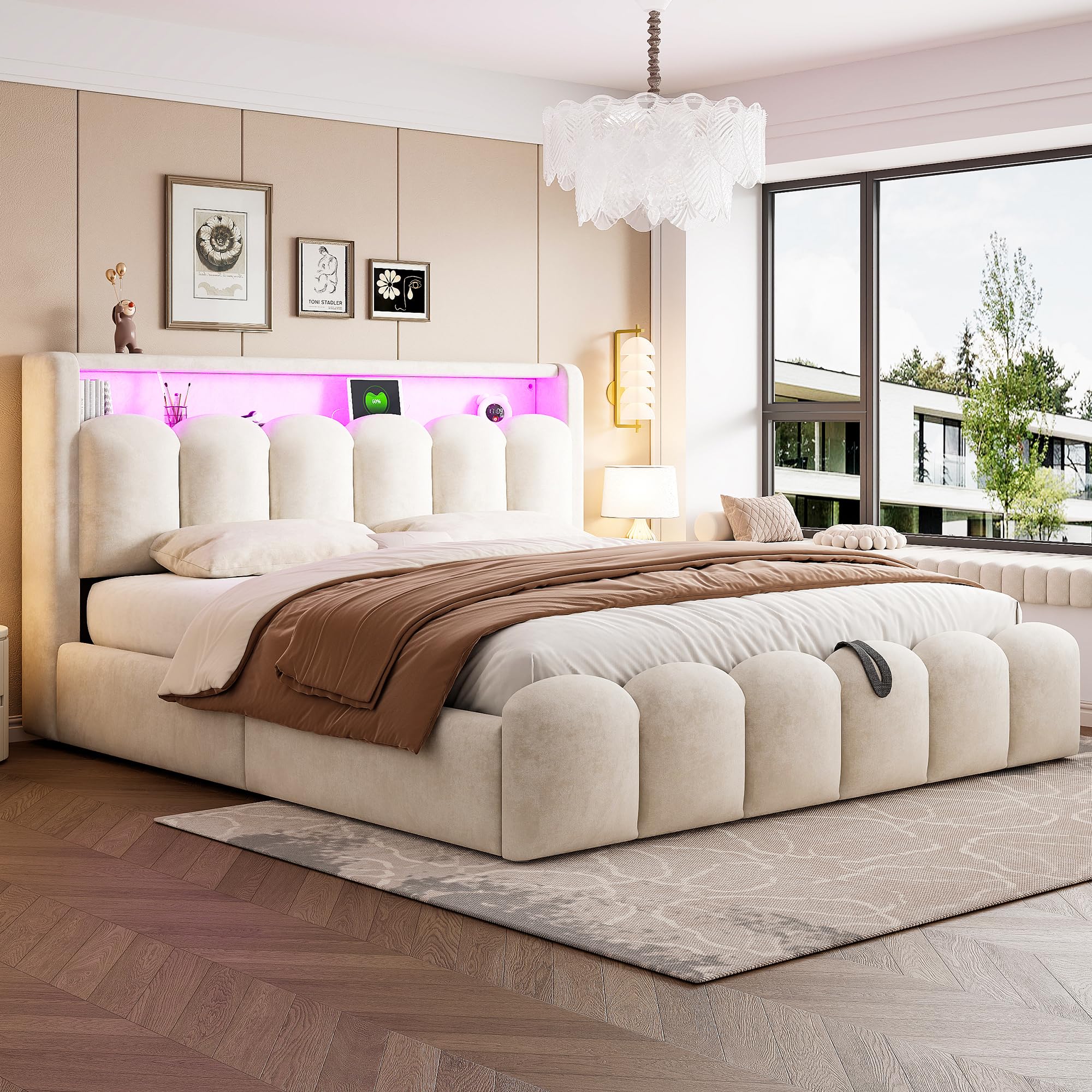 Sapgaks Lit 180x200 avec Sommier LED et USB C, Lit Coffre 180x200 avec Rangement et Tete Réglable, Capitonné Double avec à Lattes, Rembourré 2 Personnes Cadre de Velours(sans Matelas)