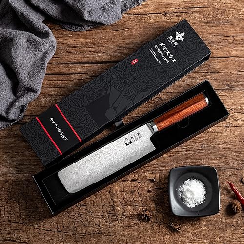 Vista 28 de Santoku - Cuchillo de cocina profesional VG-10 de 7 pulgadas con núcleo de corte de 67 capas, cuchillo de chef con mango hexagonal de madera natural