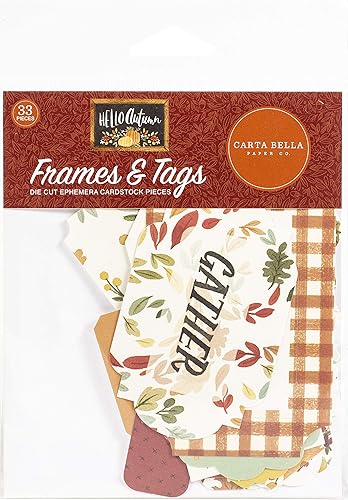 Carta Bella Paper Company Hola Marcos y etiquetas de otoño, rojo, verde azulado, amarillo, naranja, negro