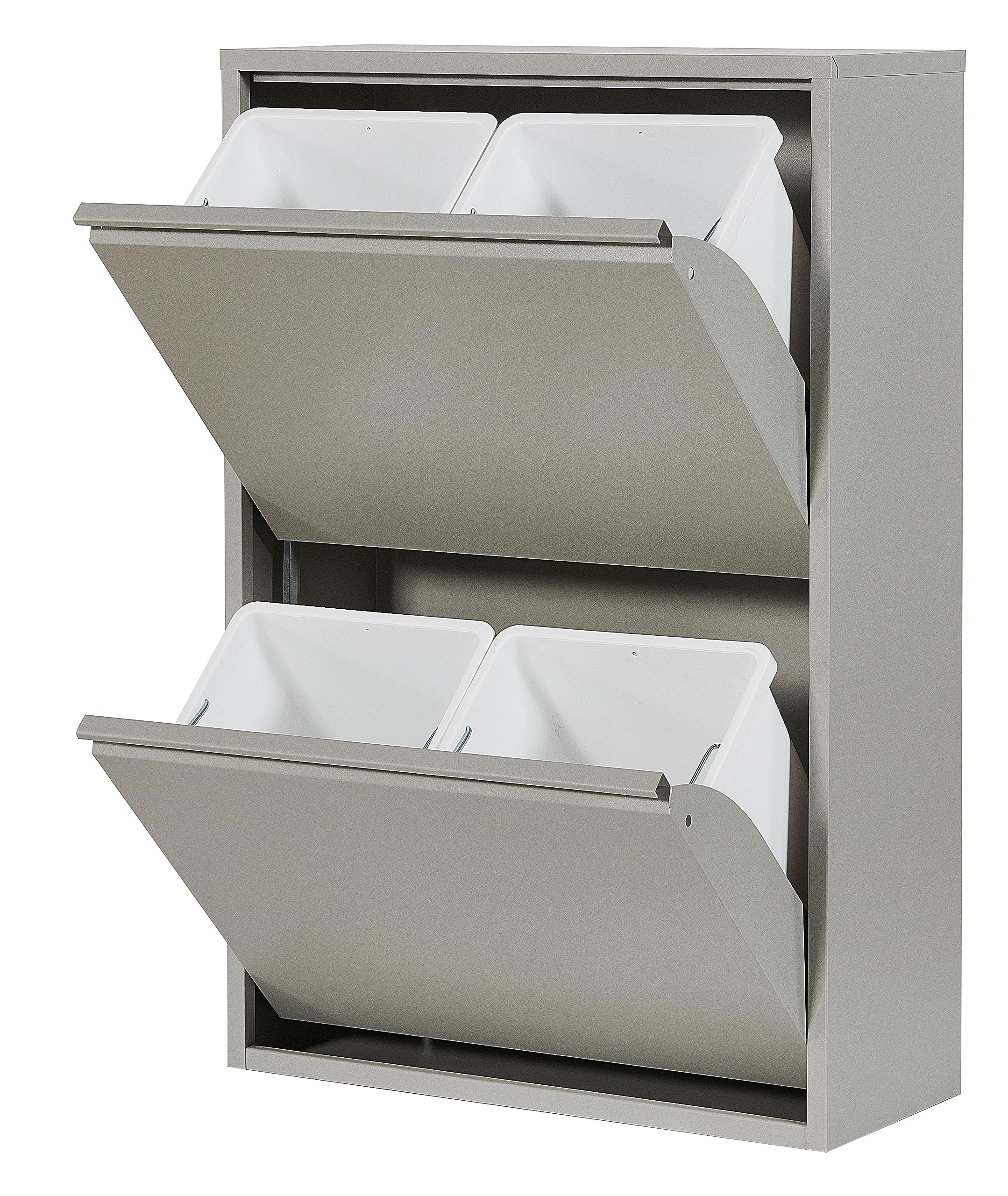 Atahome Recycling Bins for Kitchen Metal Slim Trash Bin Cabinet 4 Bins Plastic Buckets with Metal Handles, 4x15 Litres Bin Divider Storage Organiser, Sturdy Rubbish Bin Didyma 2+2 Drawer (Grey)