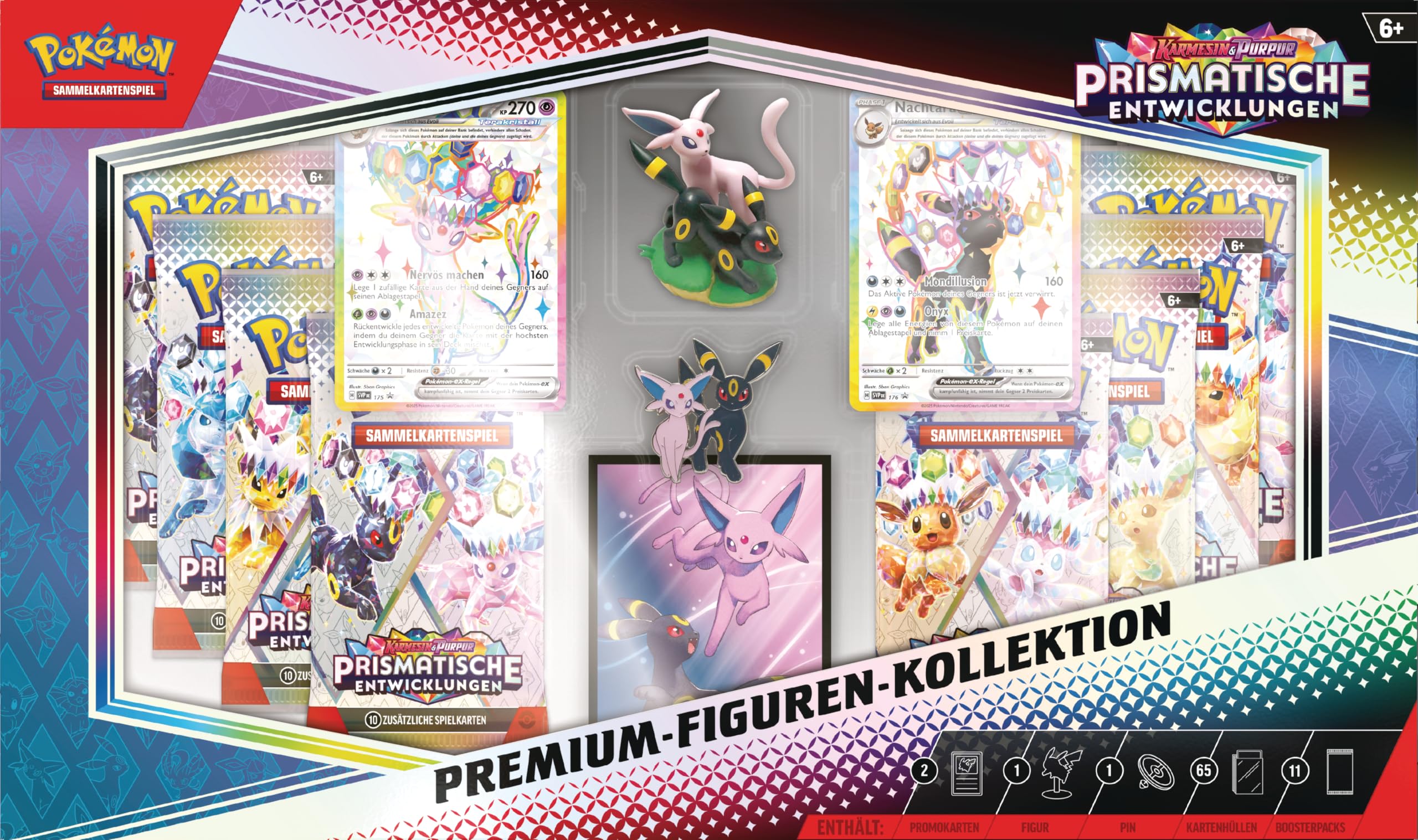 Pokémon-Sammelkartenspiel: Premium-Figuren-Kollektion Karmesin & Purpur – Prismatische Entwicklungen (2 geprägte holografische Promokarten, 11 Boosterpacks & mehr)