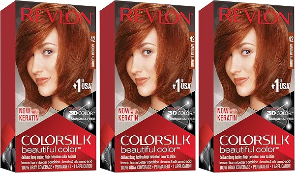 Revlon Permanent Hair Color, Permanent Hair Dye, Colorsilk with 100% Gray Coverage, Ammonia-Free, Keratin and Amino Acids, 42 Medium Auburn, 4.4 Oz (Pack of 3)