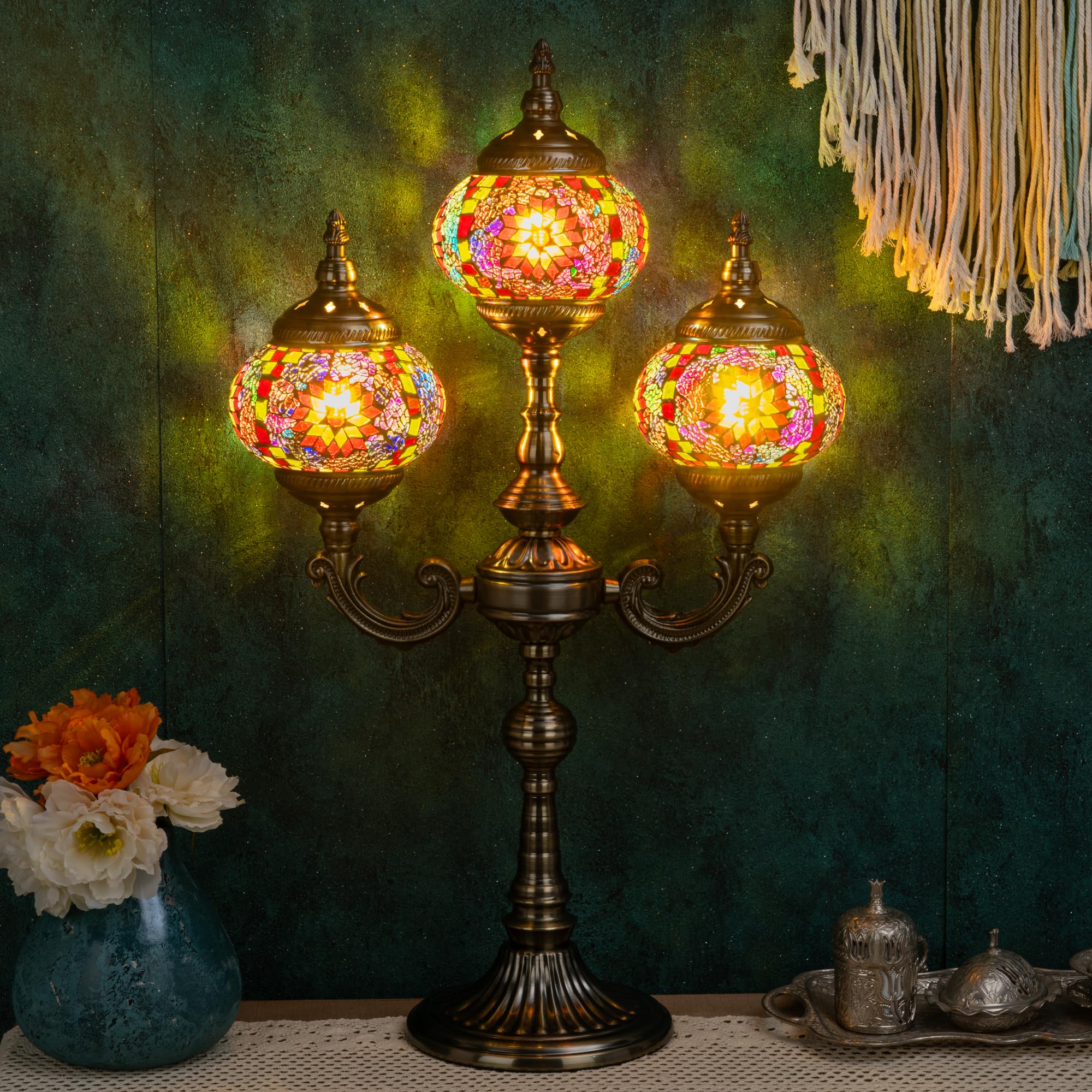Marrakech Moroccan Mosaic Lamps Turkish Table Lamps, Handmade 3 Globes Turkish Light with Glass Shard and Bronze Base Including 3 LED Bulbs for Living Room Bedroom Decor (Coloful)