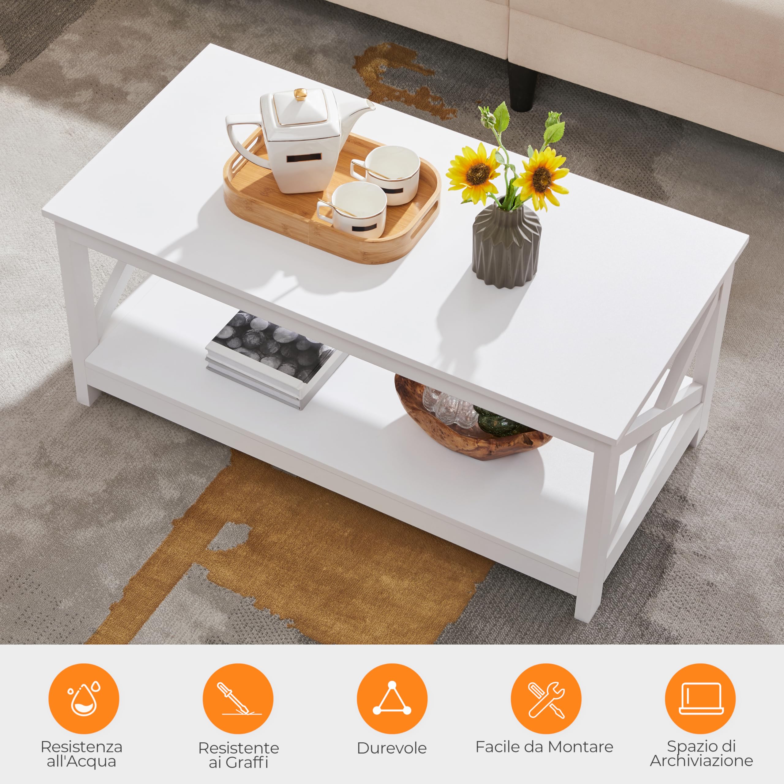 Yaheetech Tavolino da Caffè Tavolino Basso da Salotto Tavolo da Divano a 2 Ripiani Moderno Portaoggetti in Legno con Piano Inferiore Grande da Soggiorno Bianco 100 x 50 x 45 cm