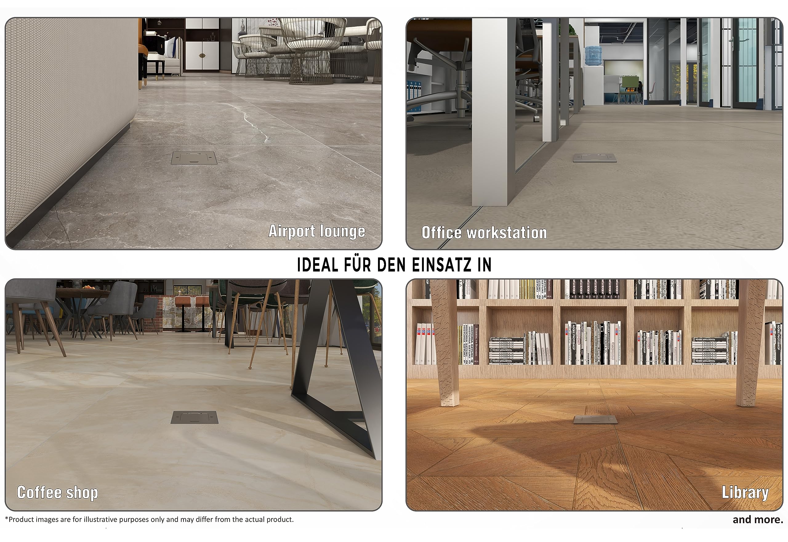 Bodeneinbausteckdose ELBE Inno, 1 Einbaustecker, 1 USB-A, 1 USB-C, 1 CAT6 RJ45, silbernes Aluminium-Finish, Deckel mit Soft-Pop-up-Funktion, IP42 Wasser- und staubdicht