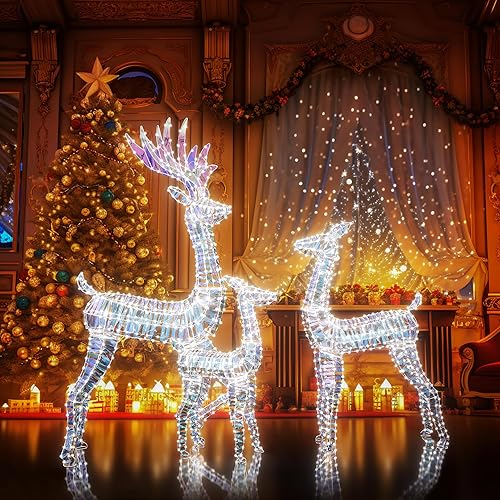 Miniatura 3 de AWQM Reno de Navidad iluminado de 3 piezas, juego familiar de ciervos de Navidad, 50+80+100 luces LED, decoración navideña para interiores o