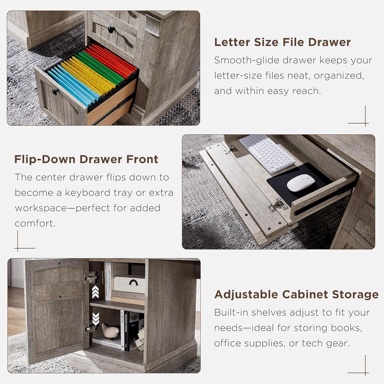 Close-up images of desk features: file drawer, keyboard tray, and adjustable cabinet