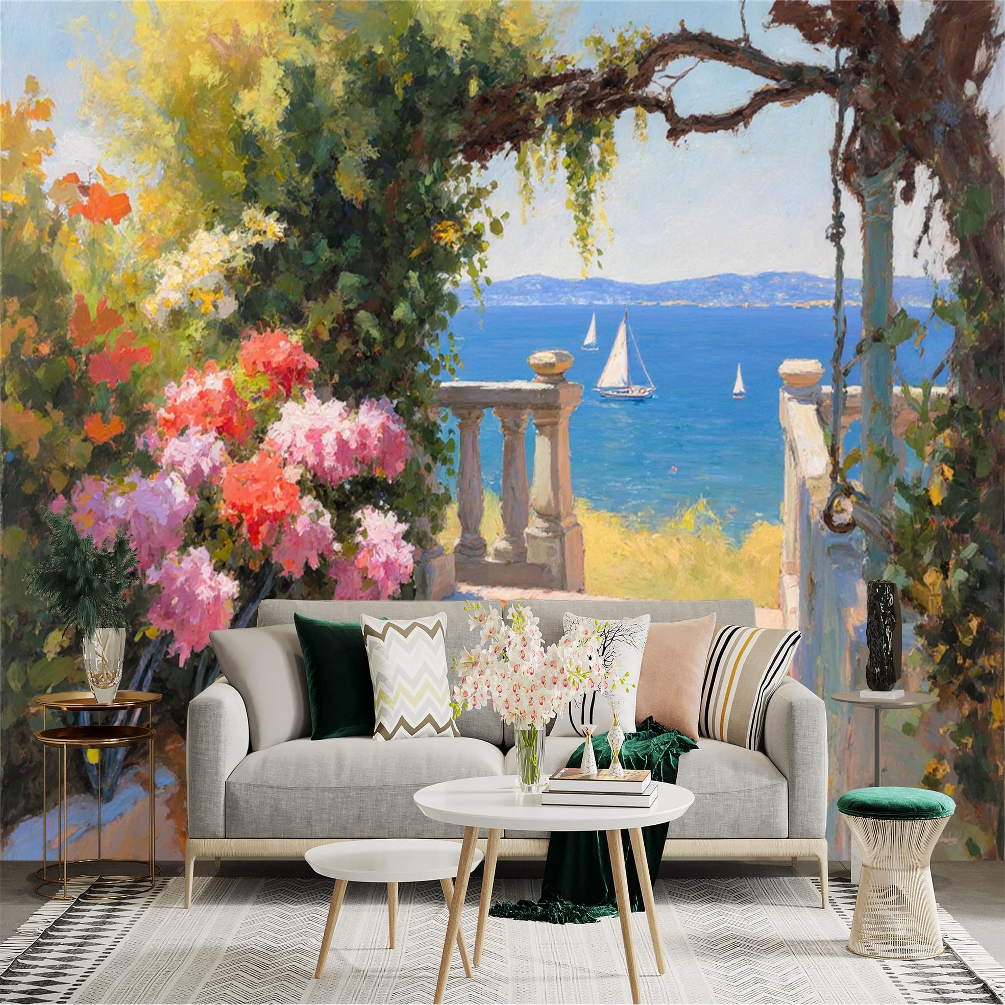 Lnzczhyre Xc260505538 Custom Size Wall Sticker Mural， Mediterranean Seaside View， Blooming Flowers And Sailboats， Sunlit Coastal Balcony， Oil Painting Style， For Wall Decoration， Peelandstick Wall Decals.