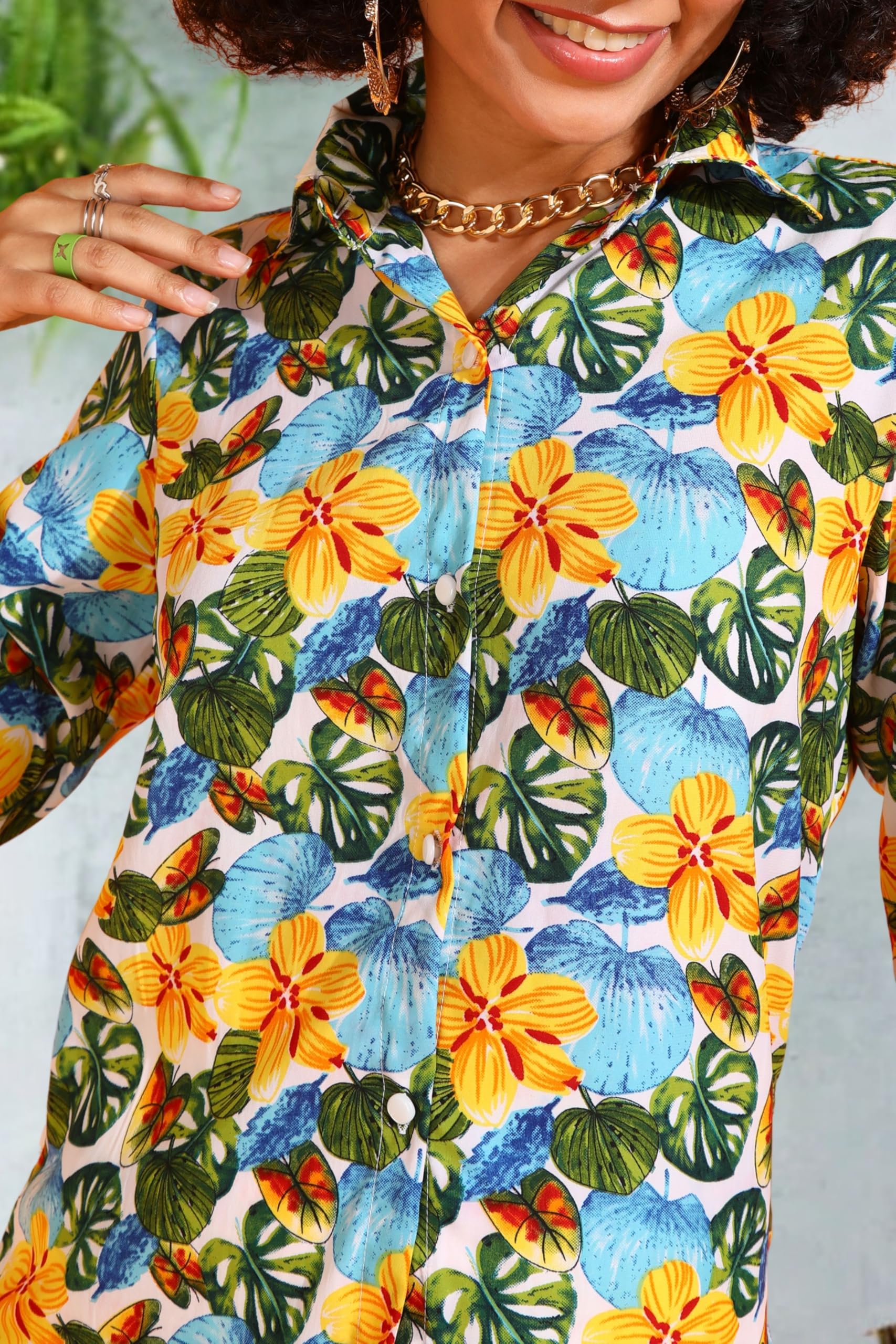 POPWINGS Bedrucktes Hemd mit langen Ärmeln, normale Passform, Polyester, bedruckt, für Damen, stilvolle Western-Freizeitkleidung