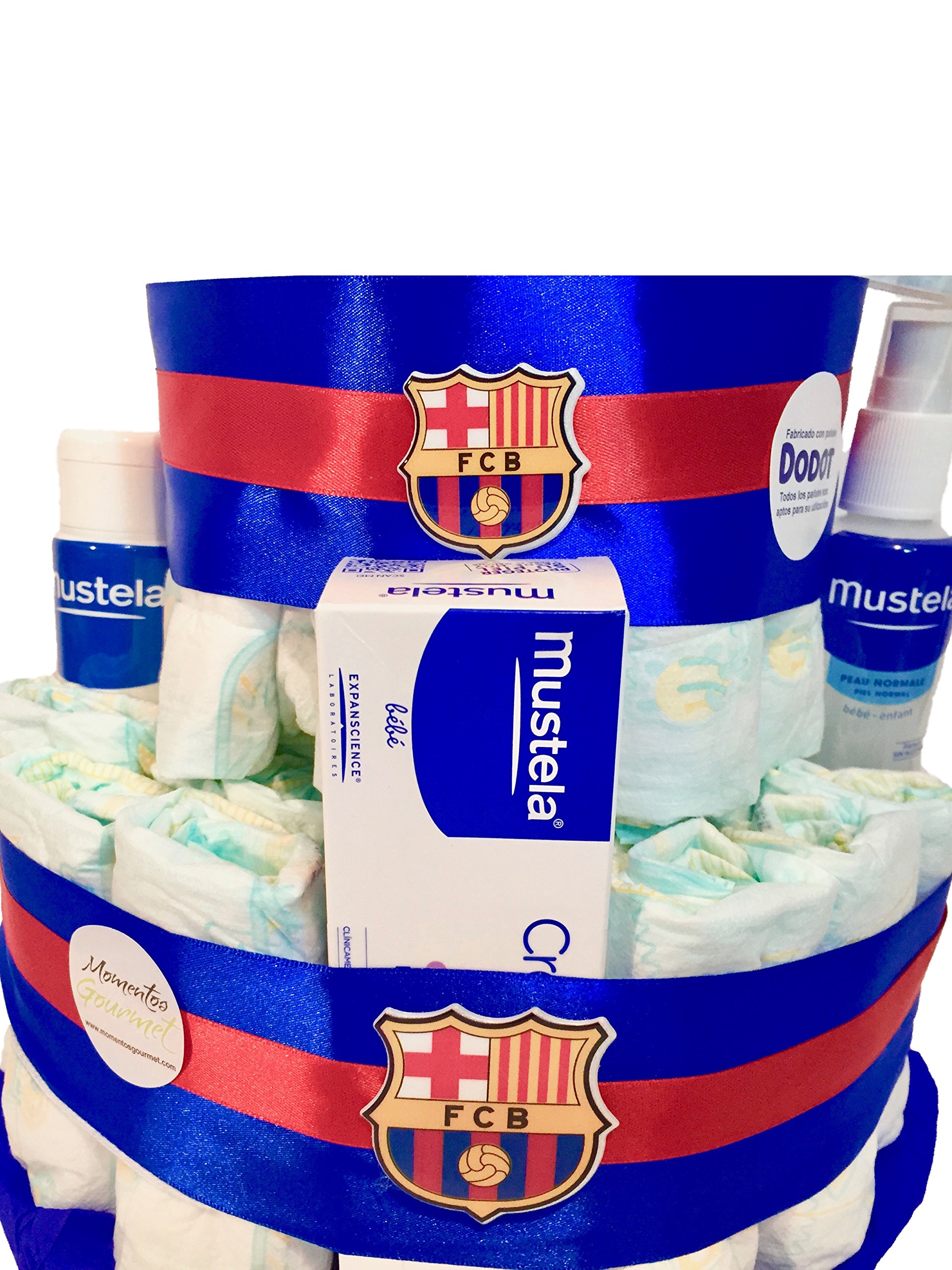 Tarta de pañales F.C.Barcelona MUSTELA (Talla 2 (3-6 kg)) by MomentosGourmet Añade tu dedicatoria personalizada. Regalo para bebé muy práctico. Cesta Canastilla recién nacido. Diaper Cake