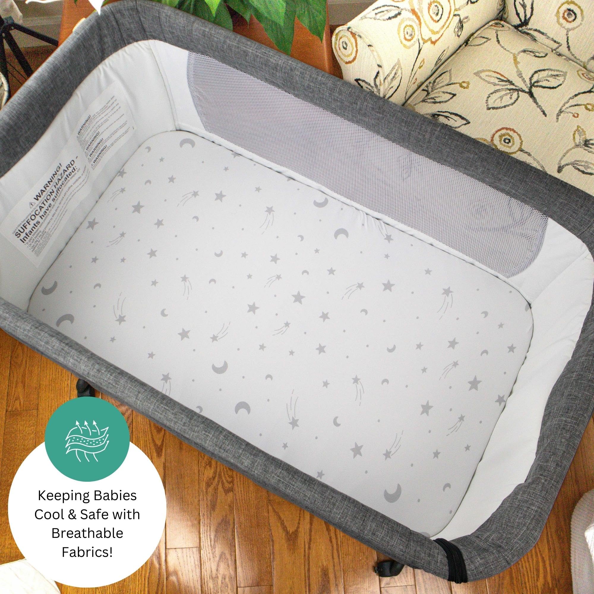 TansyPanda Sábanas de cuna para Cloud Baby, Yacul, Dream On Me Traveler, Skylar, BabyBond, Simmons, 3 piezas, 33 x 20 pulgadas, ultrasuaves, transpirables, ajustadas, unisex, niños y niñas, gris