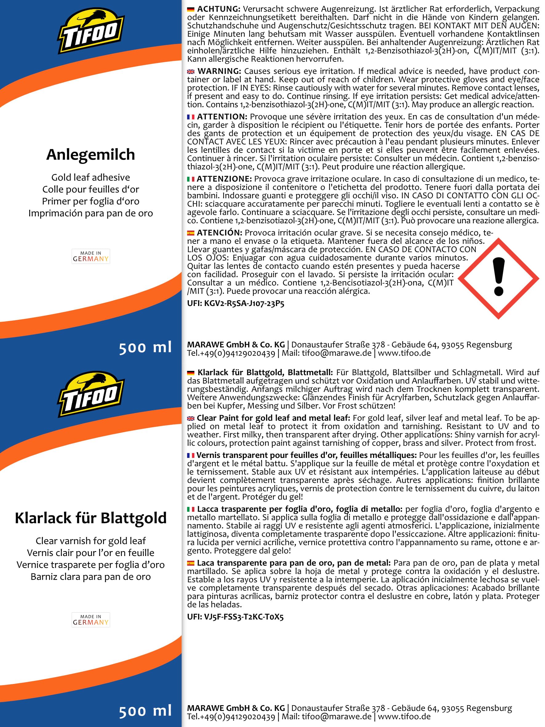 Tifoo Anlegemilch und Klarlack für Schlagmetall, Blattgold und Blattsilber, je 500 mL