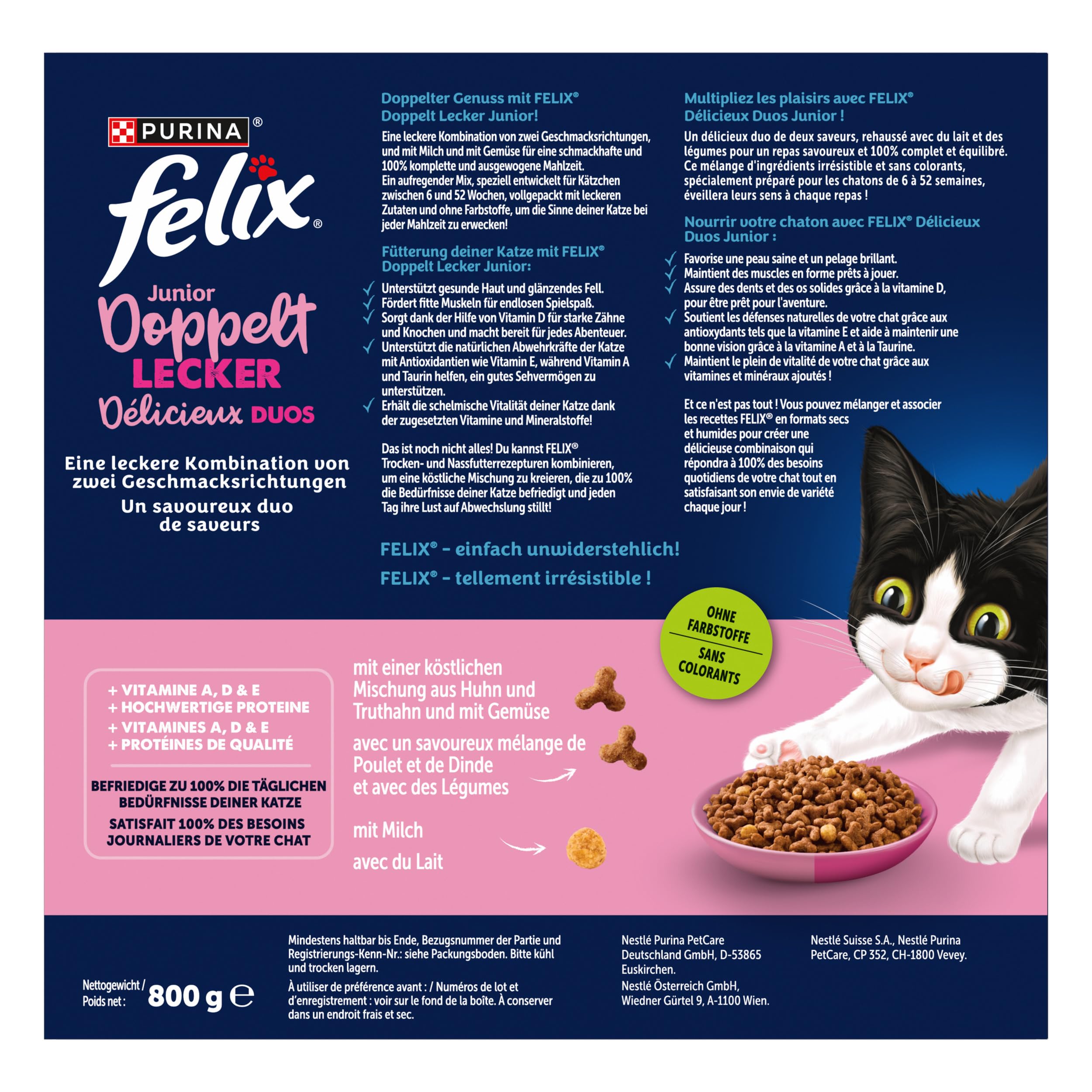 Felix Doppelt Lecker Junior karma dla kotów sucha, z kurczakiem, indykiem i warzywami, 5 sztuk (5 x 800 g)