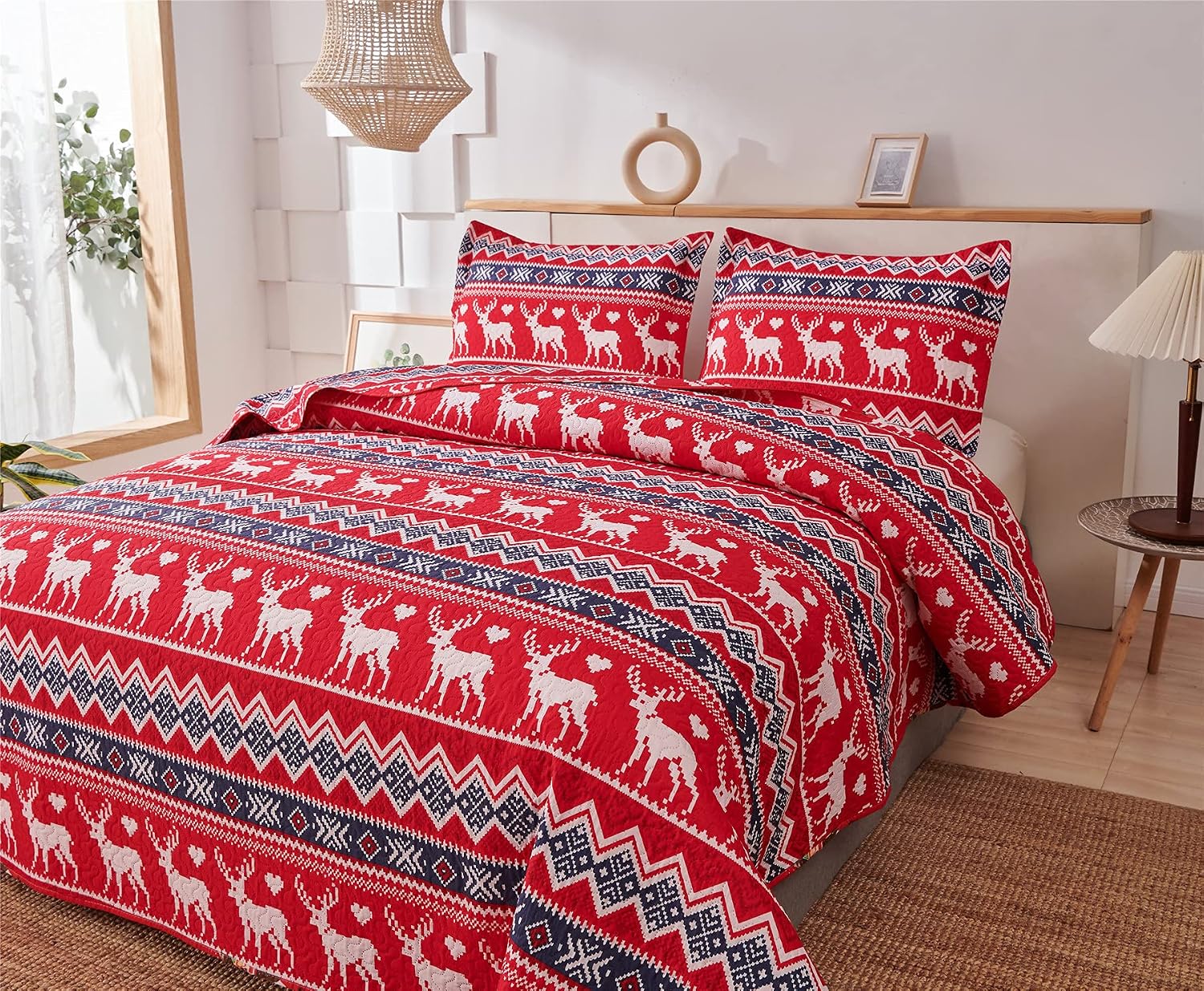 Ferdilan Rustic Quilt Set Twin Size, 3-Piece Bedspread Set Red Reindeer Lodge Stripe Bedding Coverlet Set Reversible Cabin Quilt Set with 2 Shams.