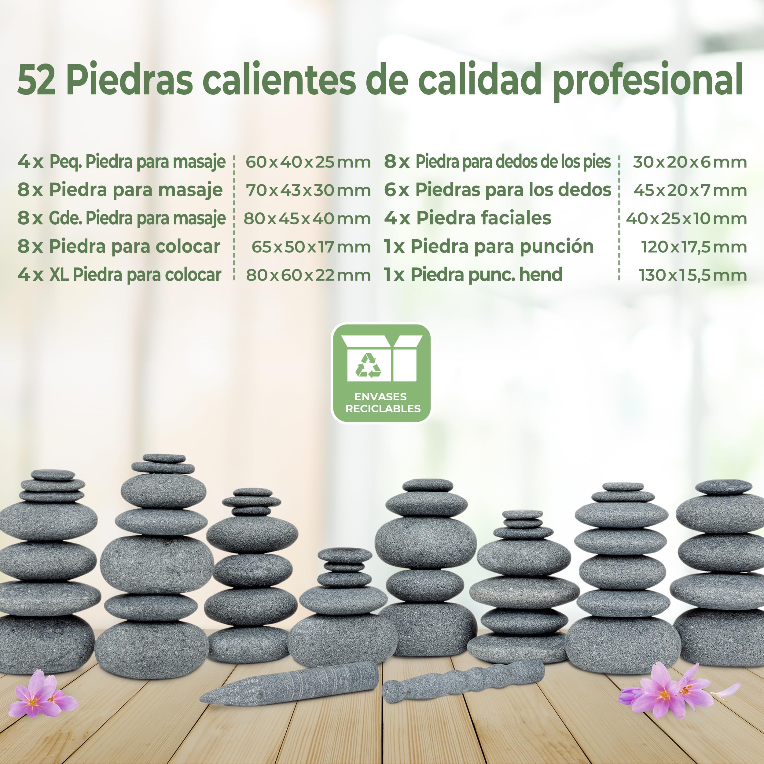 Hot Stone Massage Set PROFESIONAL con 52 Piedras Calientes de Basalto Auténtico Certificado para uso Doméstico, Principiantes, Profesionales y Aplicaciones Especiales
