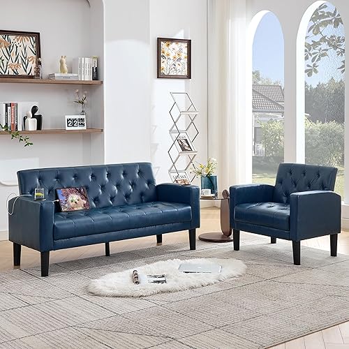 Miniatura 14 de TYBOATLE Juego de sofá de 2 asientos tapizado de mediados de siglo con 2 USB y 2 portavasos, juego de 3 muebles para sala de estar, sofás pequeños