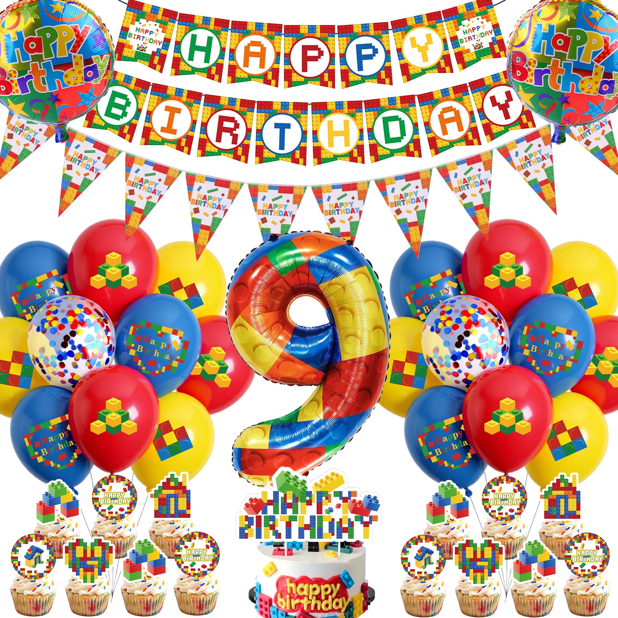 Bausteine Theme 9. Geburtstag Deko Luftballons - Happy Birthday Banner Wimpel XXL Zahl 9 Folienballon, Baustein Cupcake Deko konfetti und Latexballons für Kinder Junge Mädchen Kindergeburtstag