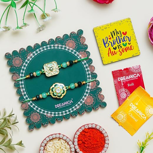 Dreamica Set of 2 Designer Rakhi for Brother | Combo with ?My Brother is Awesome? Fridge Magnet, Tilak Set (Roli-Chawal), ...