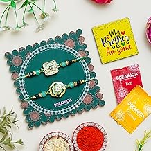 Dreamica Set of 2 Designer Rakhi for Brother | Combo with ?My Brother is Awesome? Fridge Magnet, Tilak Set (Roli-Chawal), and Greeting Card | Best Rakhi Gift for Brother (Rakhi-68)