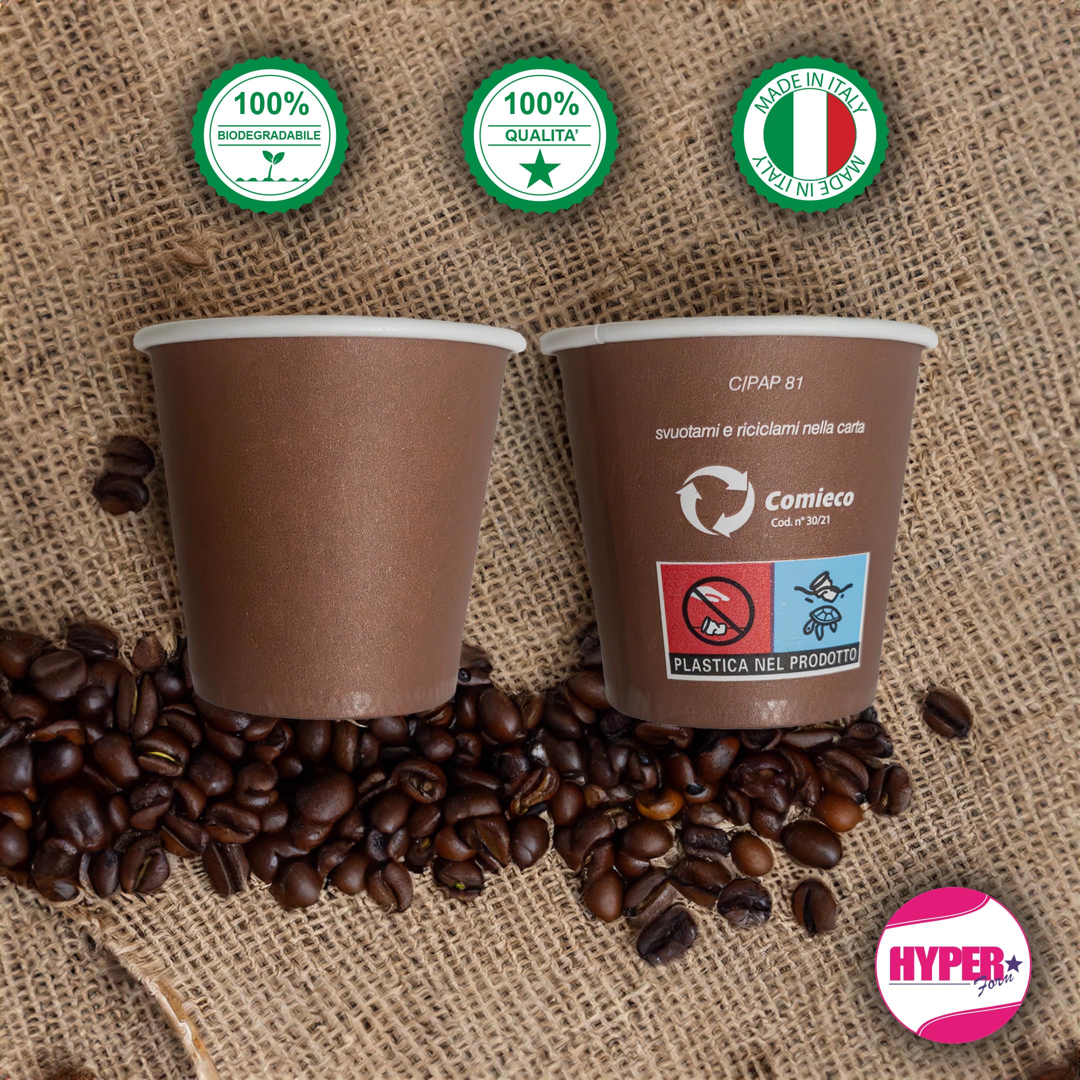 HYPER form 1600 Bicchierini Caffè di Carta Biodegradabili Biocompostabili Tazzine da 75ml