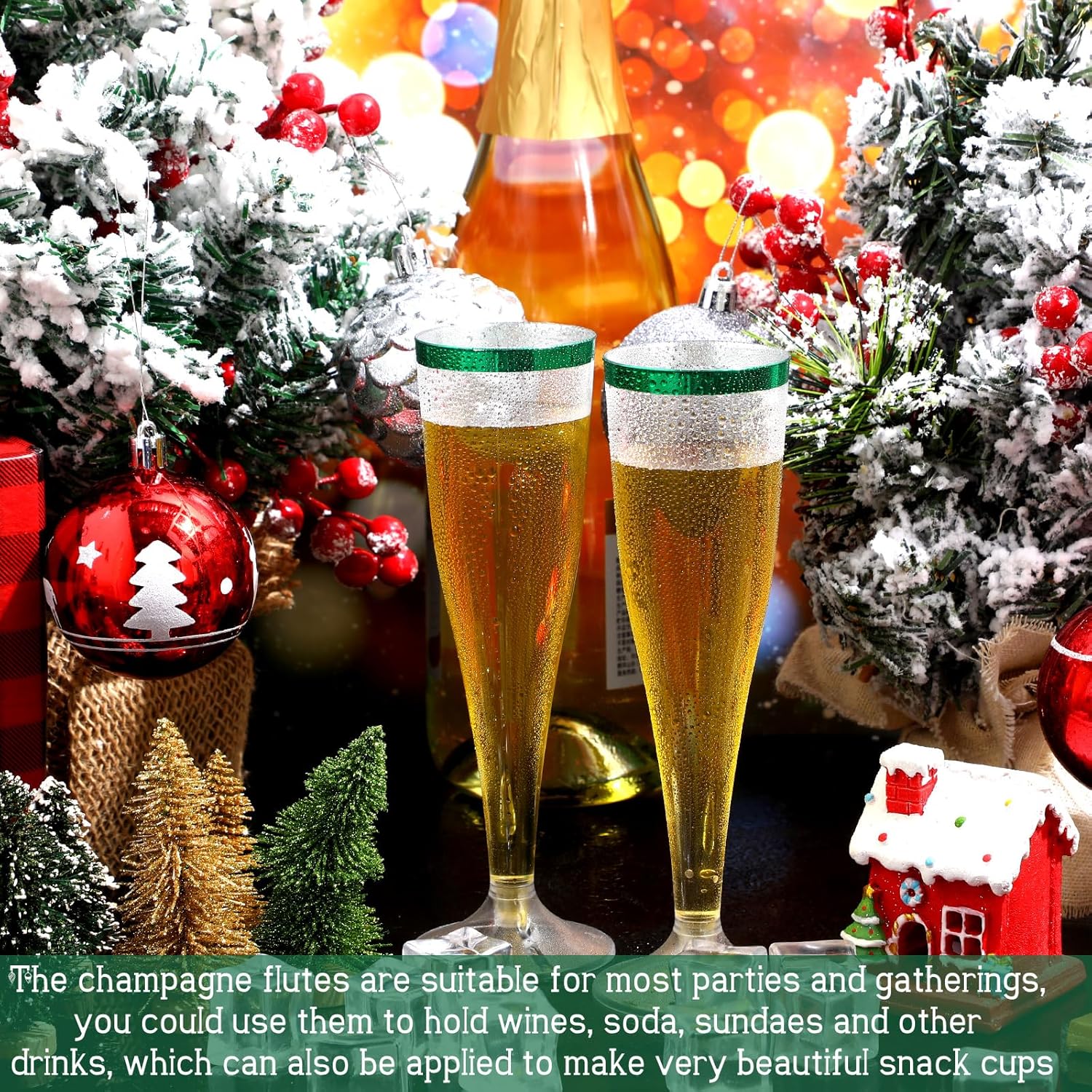 Zubebe 100 Pcs Plastic Champagne Flutes 4.5oz Classic Champagne Clear Plastic Cups Wedding Party Toasting Cocktail Cups Bulk Home Toasting Drinking Party(Green)