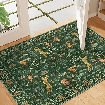 DUKINO 2x3 Entryway Rug, Washable Door Mat Animal Rug for Kitchen, Green | Non Slip, Low Pile, Soft Indoor Small Rug for Entrance, Bedroom, Bathroom, Laundry, Pet Friendly, Lightweight, Non-Shedding