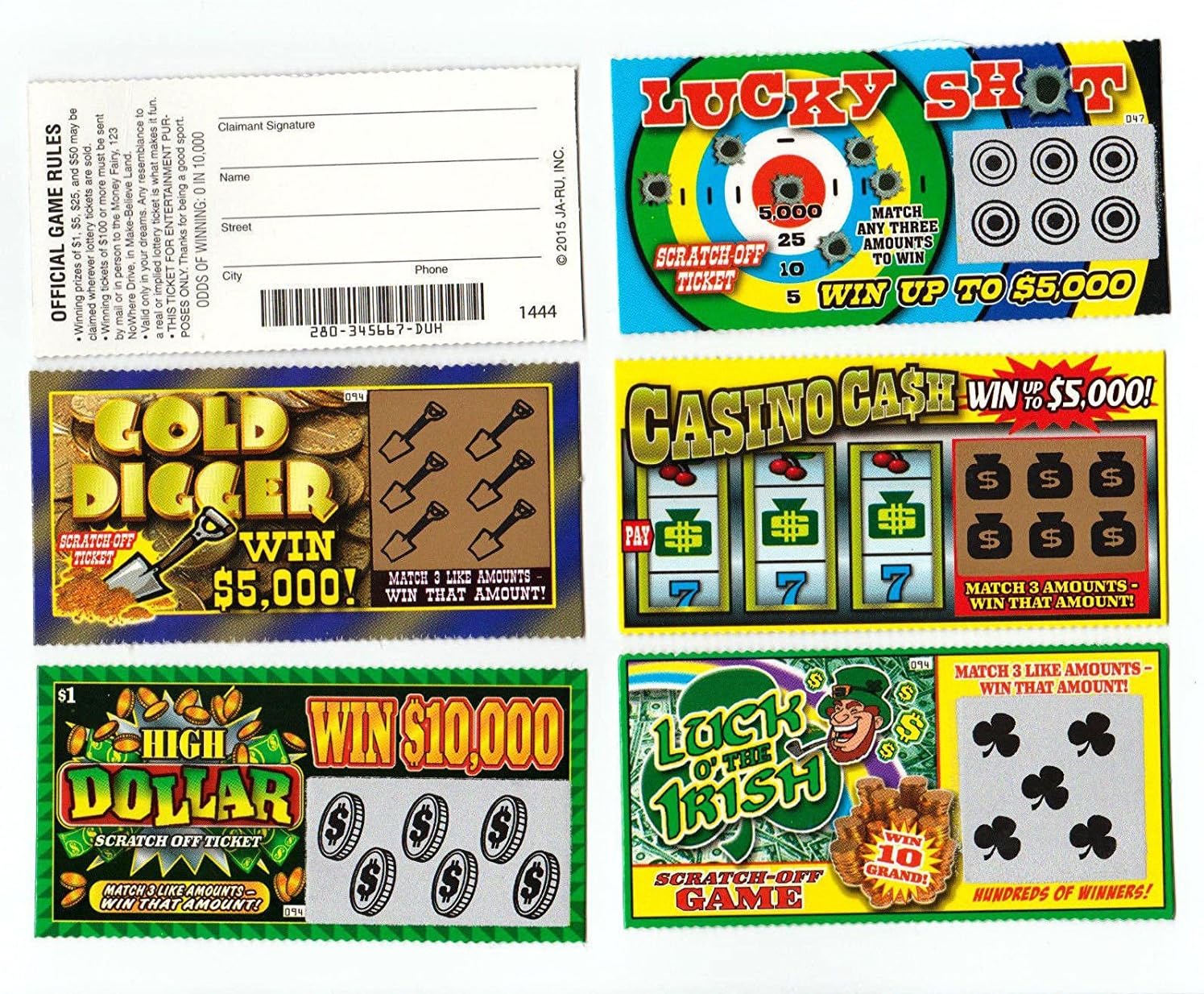 5 FAKE ALL WINNING SCRATCH OFF LOTTERY TICKETS - PRANK - GAG - JOKE by Hikingsters