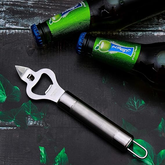 Royalford Stainless Steel Bottle Opener Opener with forked Church Key and Crown Cork Ideal for opening Bottles and Piercing Cans Ergonomically Designed Handle with Hanging Loop Stylish Design