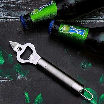 Royalford Stainless Steel Bottle Opener Opener with forked Church Key and Crown Cork Ideal for opening Bottles and Piercing Cans Ergonomically Designed Handle with Hanging Loop Stylish Design