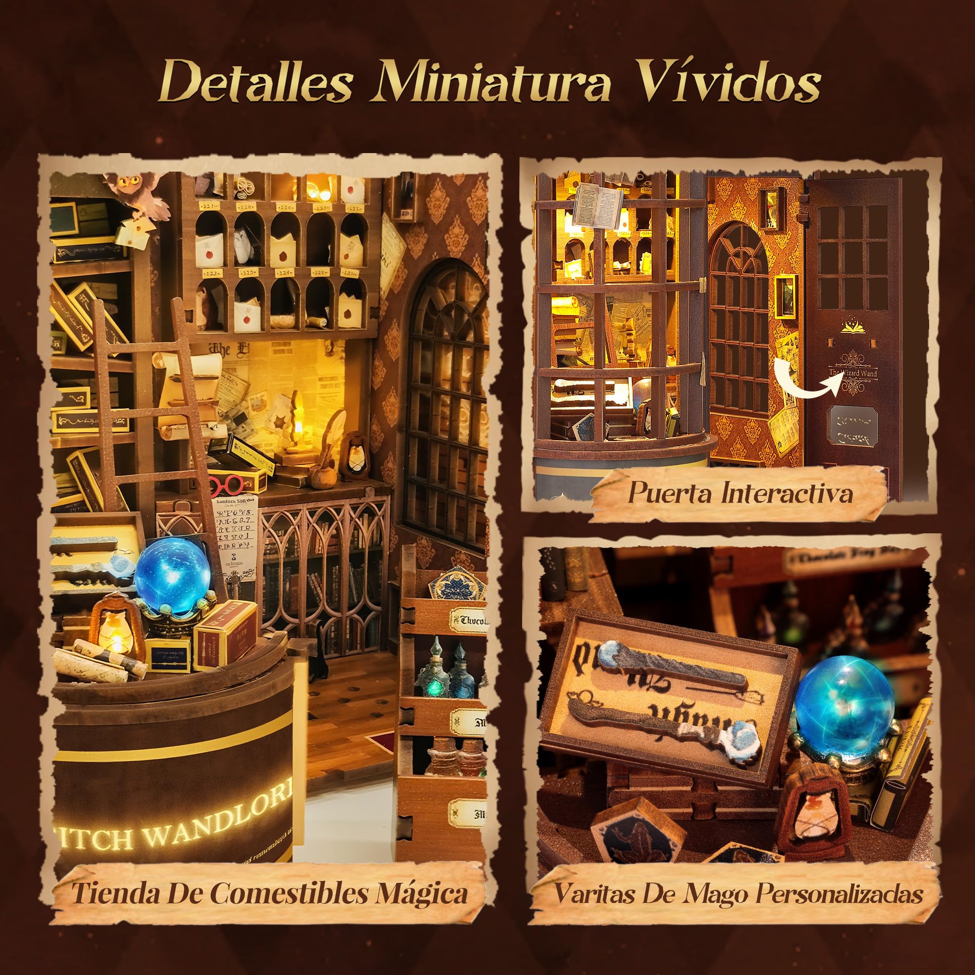 FUNPOLA Puzzle 3D de Madera Tienda de Varitas de Mago Book Nook Kit – Maquetas para Construir para Adultos, Inserto de estantería con LED – Decoración DIY, Regalo (Tienda de Varitas de Mago)