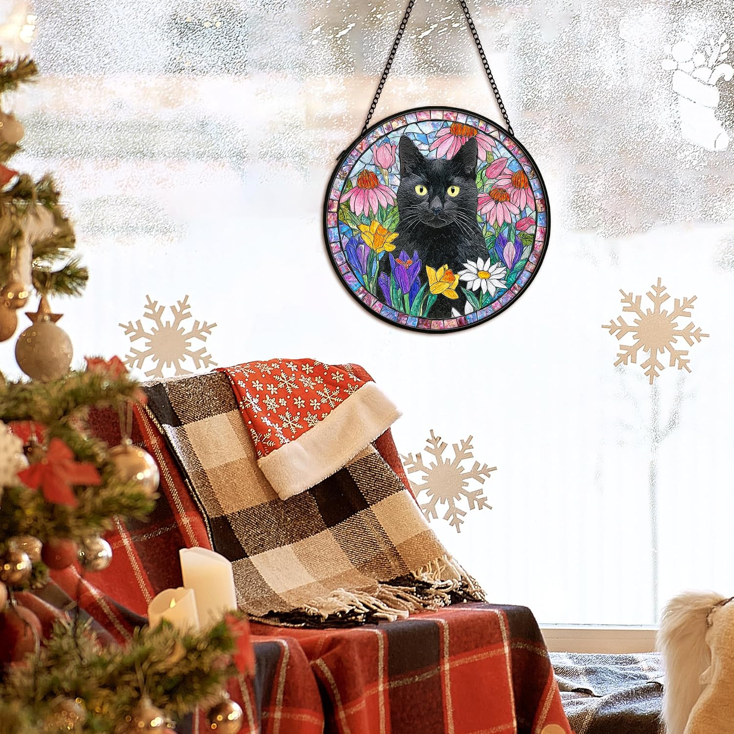 Black Cat Suncatcher Stained Glass Window Hanging Decor Ornaments, Black Cat Owner Memorial Sun Catchers Wall Art Gifts for Women, Floral Flower Garden Lawn Stained Glass Wall Decor, 7.9x7.9In
