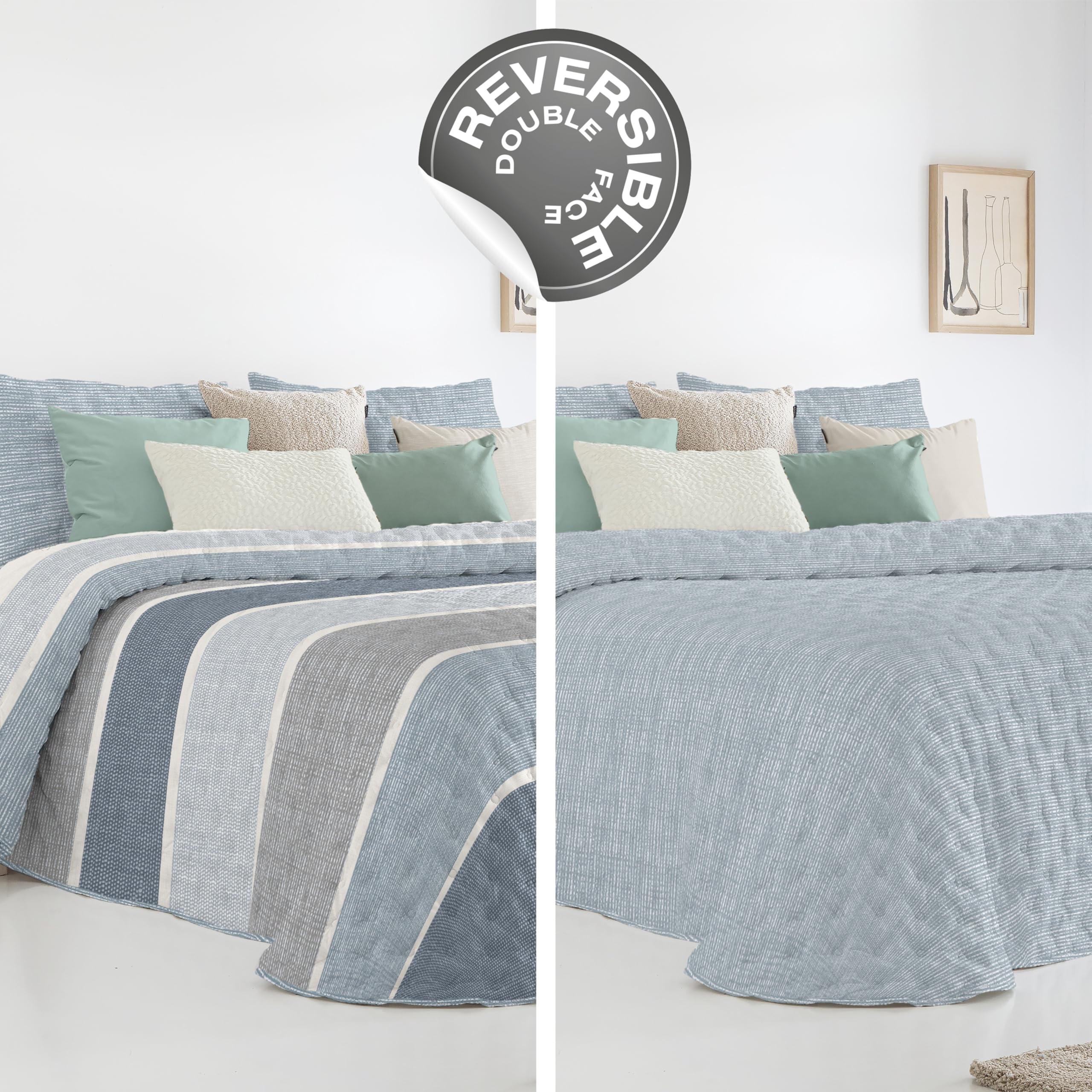 Fundeco - Colcha Entretiempo Cama 135 Diseño Reversible de Rayas y Efecto Semiliso Color Azul - Medida 235x270 cm - Incluye 2 Fundas de Cojín 50x70