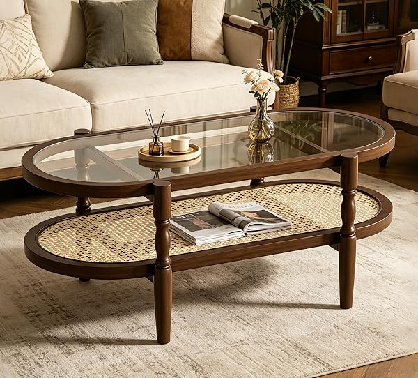 Boho Rattan Table with Glass Top