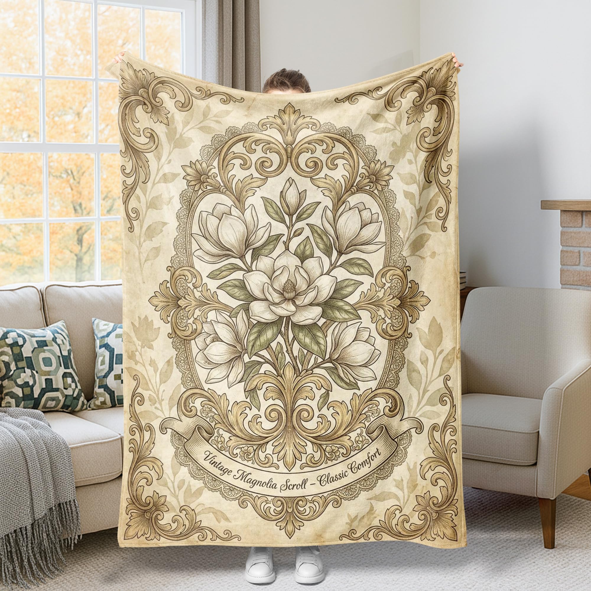Couverture flanelle haut de gamme Magnolia beige au style vintage raffiné
