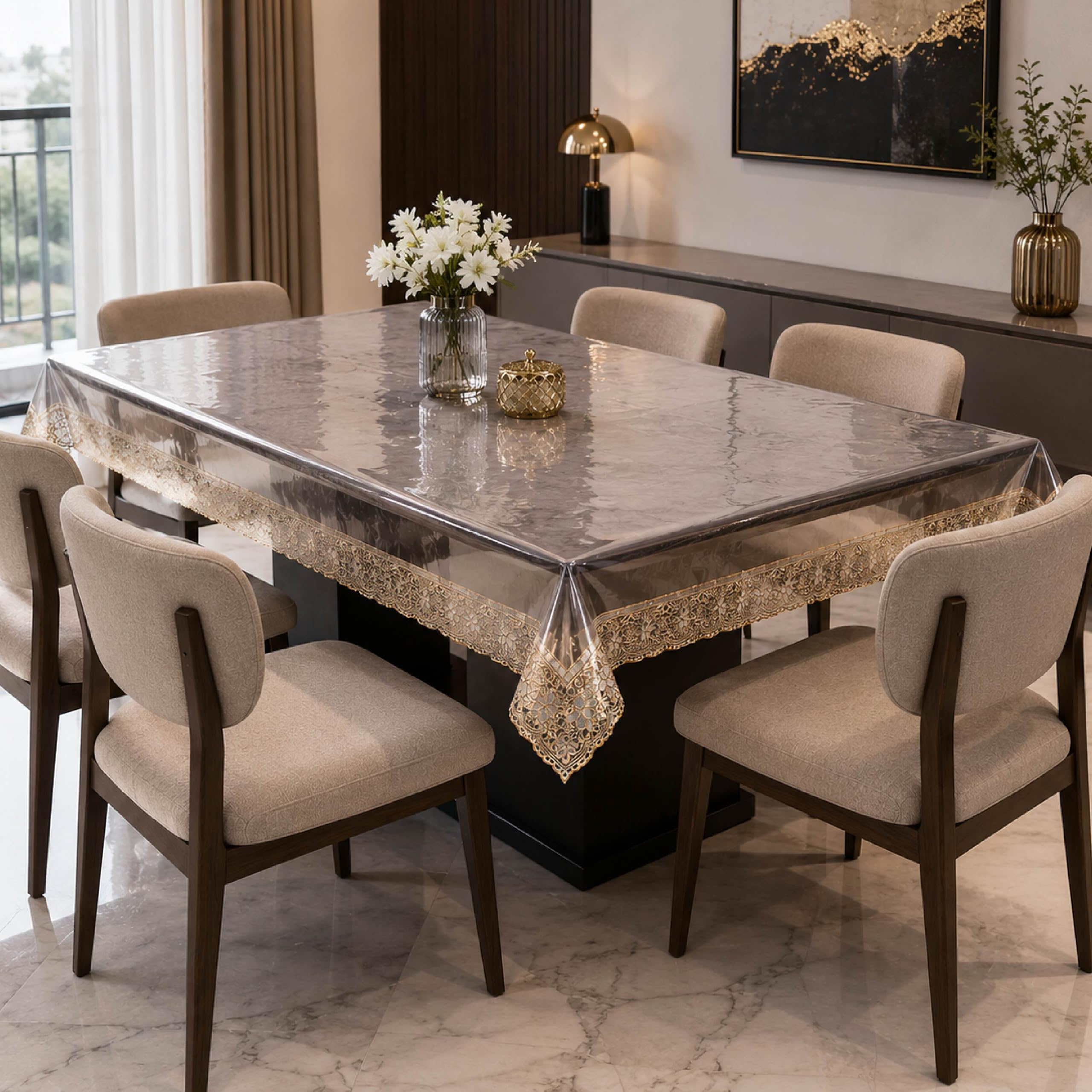 HomeStrap Transparent Table Cover - Lace 60x90 cm for 6 Seater Dining Table | 1.5 mm Thick Waterproof PVC Table Protector | Heat Resistant & Dustproof Clear Table Sheet for Dining & Center Table-image-42