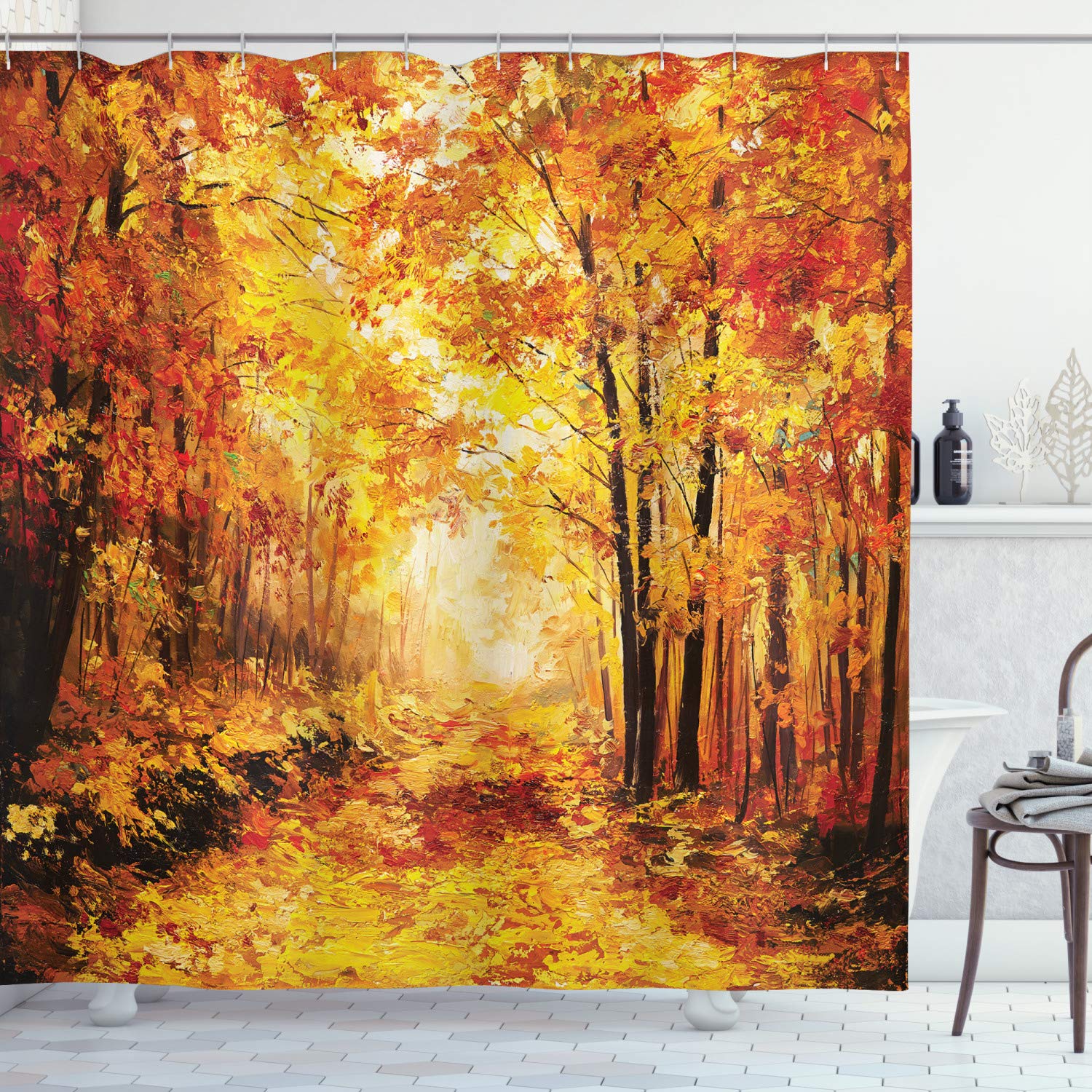 ABAKUHAUS Country Shower Curtain, Pale Shaded Autumn in the Forest Pastoral Calm Simple Life Nature Paint Away Art, Cloth Fabric Bathroom Decor Set with Hooks, 86 Inches Extra Long, Orange Brown โ image 1