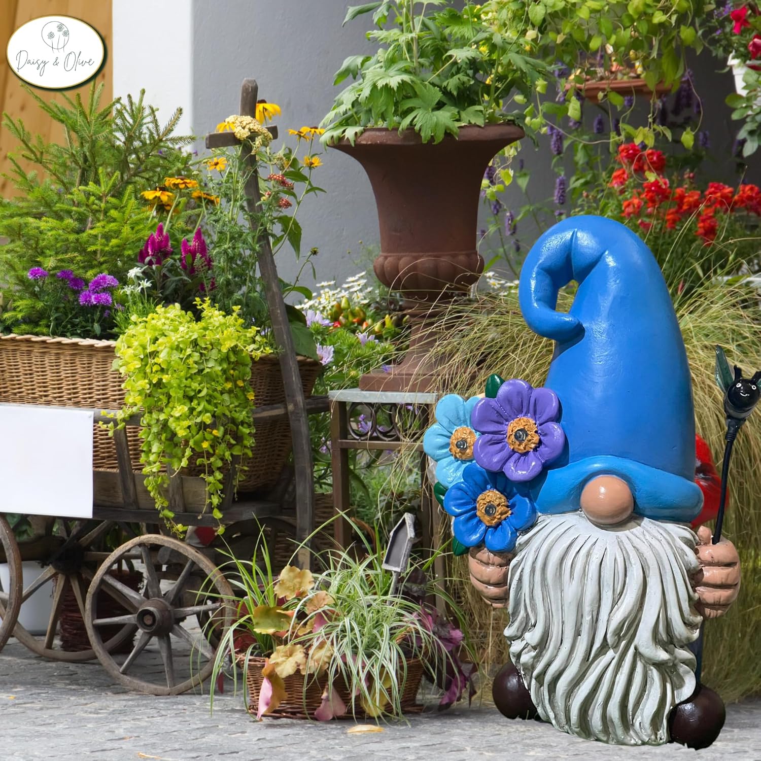 Daisy & Olive Garden Gnome | Large Solar Powered Garden Gnome Statue | Flower & Bee Lights Up | Auto On-Off | Garden Gnome for Yard | Unique Housewarming Gifts