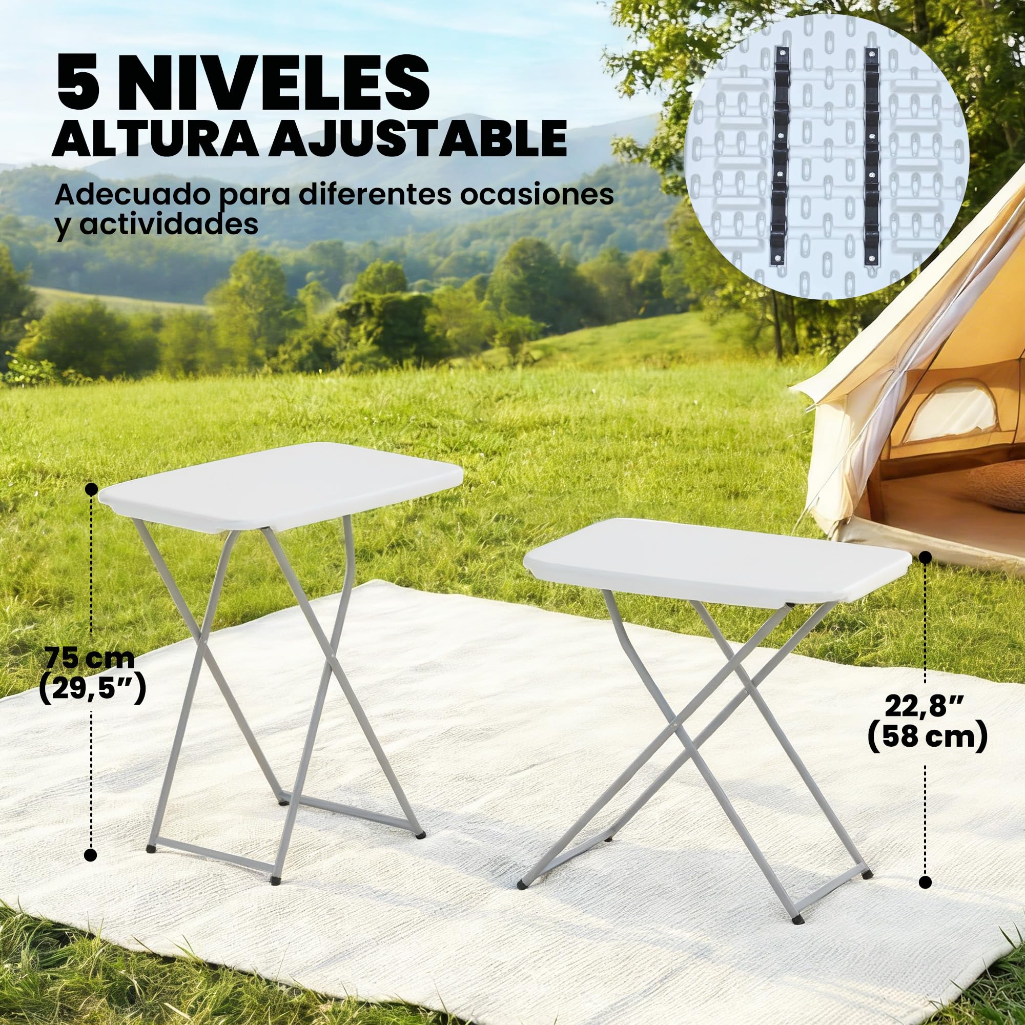 Outsunny Mesa Plegable Camping Altura Ajustable 75x50x73,5 cm Blanco