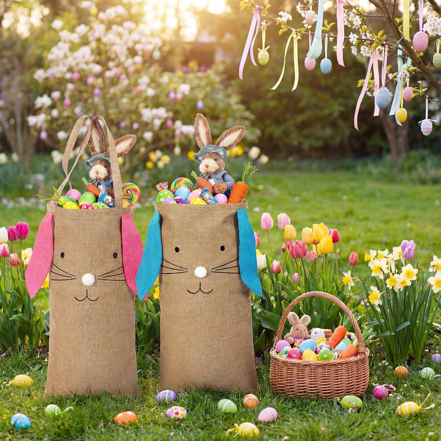 Sweetude Extra Large Easter Gift Bags 30 Inch Bunny Bags with Handle Easter Sacks Reusable Bunny Burlap Gift Sacks for Egg Hunt Spring Party Supplies(Pink and Blue Ear) - Image 6