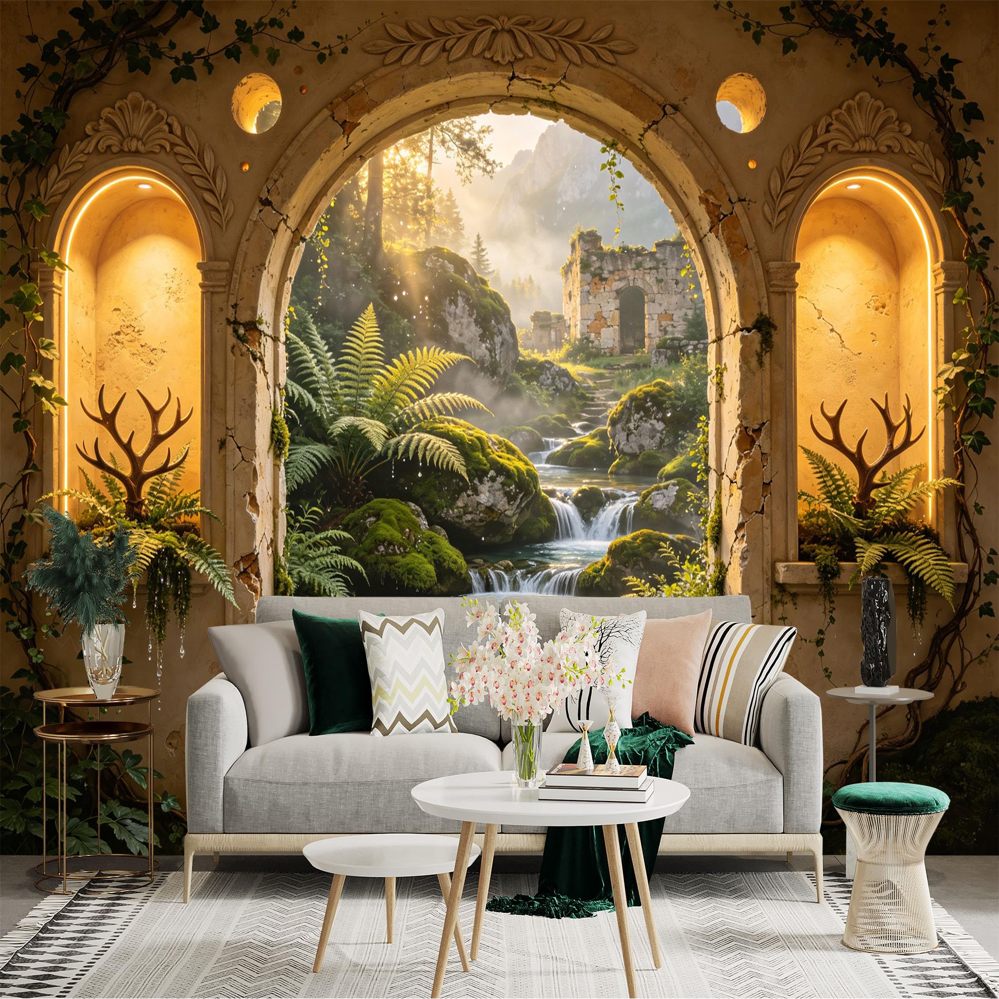 Custom Size Wall Sticker Mural， Ancient Arch Window View with Waterfall， Moss Rocks and Forest Ruins， for wall Decoration， peelandstick wall Decals.
